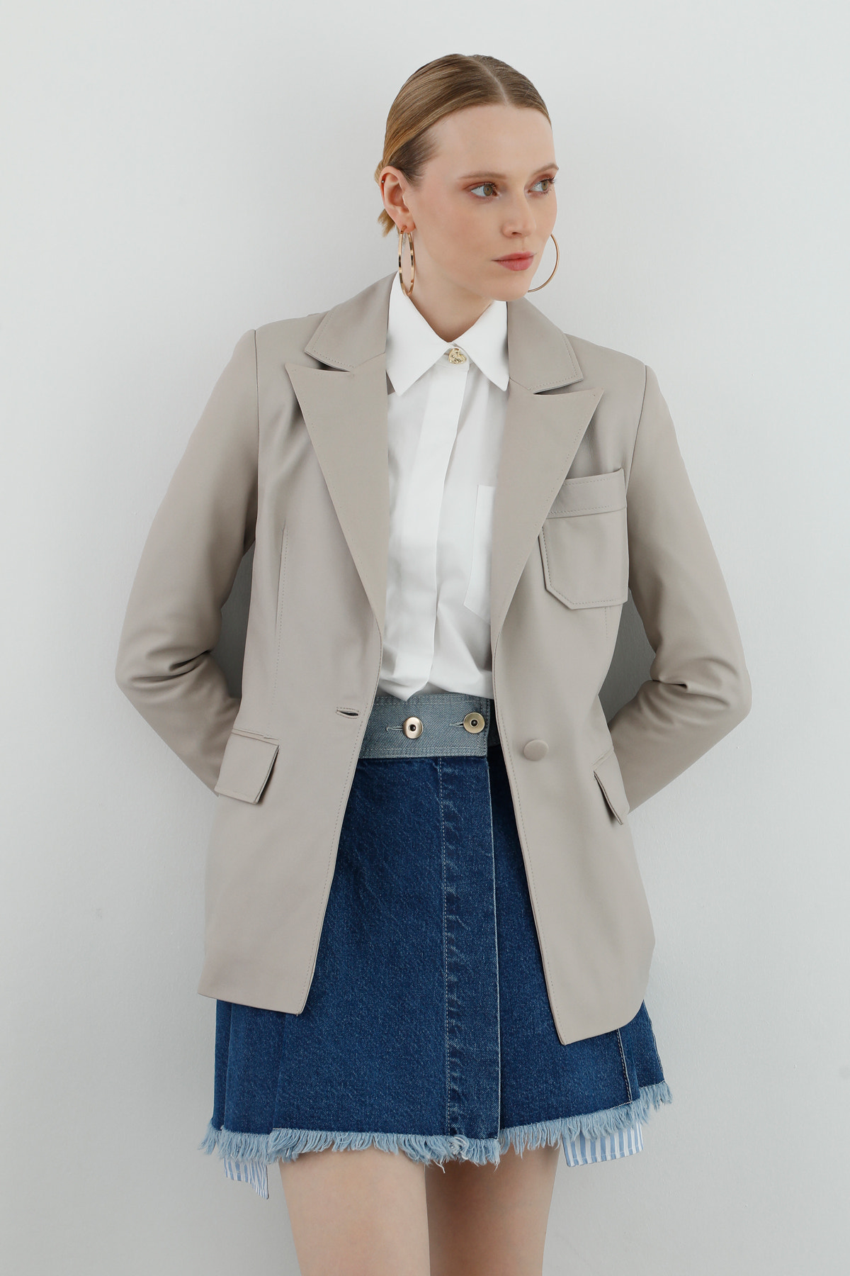 Ceket Yakalı Cep Detaylı Klasik Blazer Deri Ceket