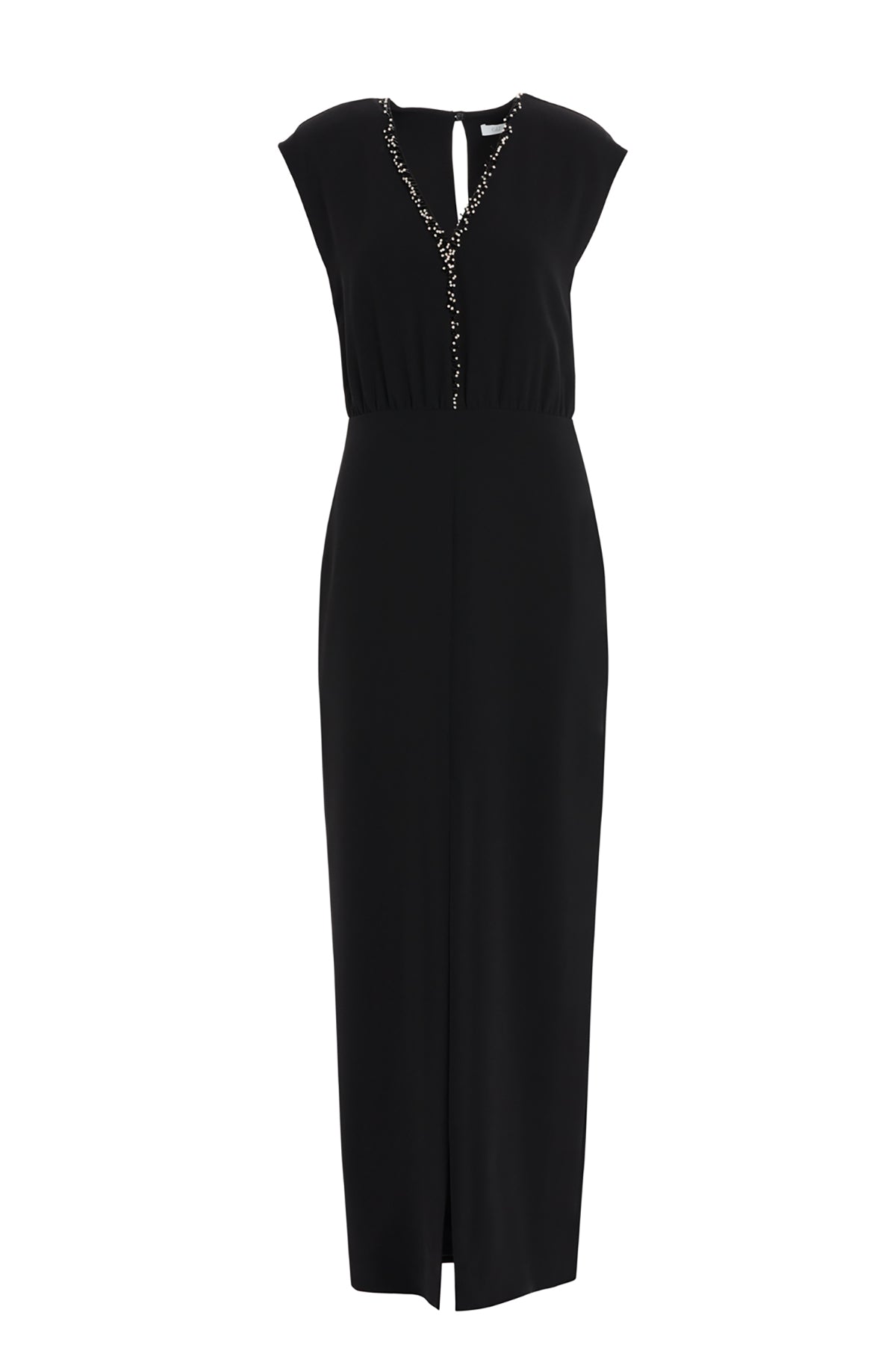 Yakası İşleme Detaylı V Yaka Yırtmaçlı Uzun Abiye Elbise