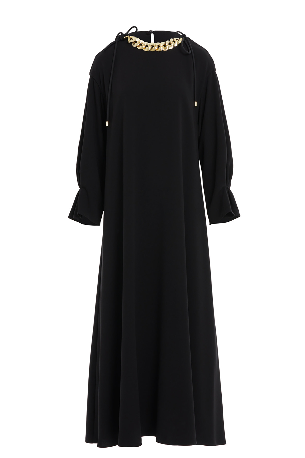 Uzun Kollu Beli İşlemeli Maxi Elbise