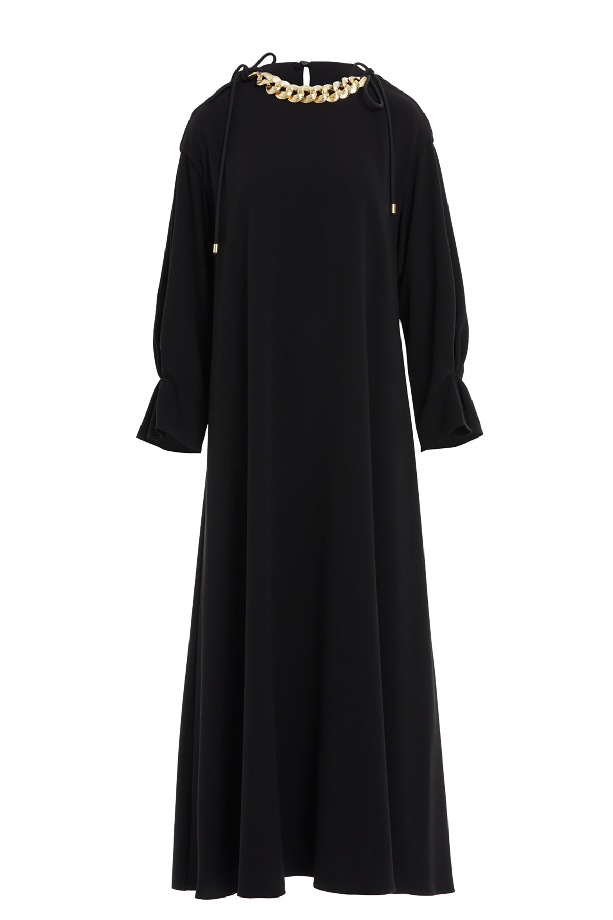 Uzun Kollu Beli İşlemeli Maxi Elbise