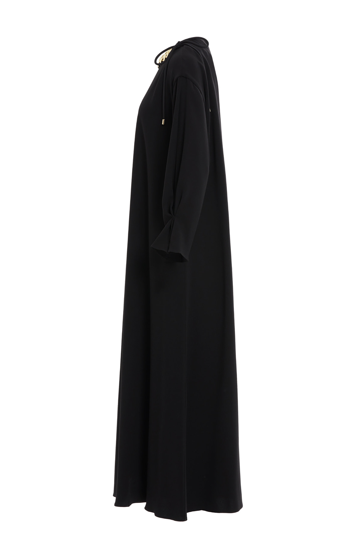 Uzun Kollu Beli İşlemeli Maxi Elbise