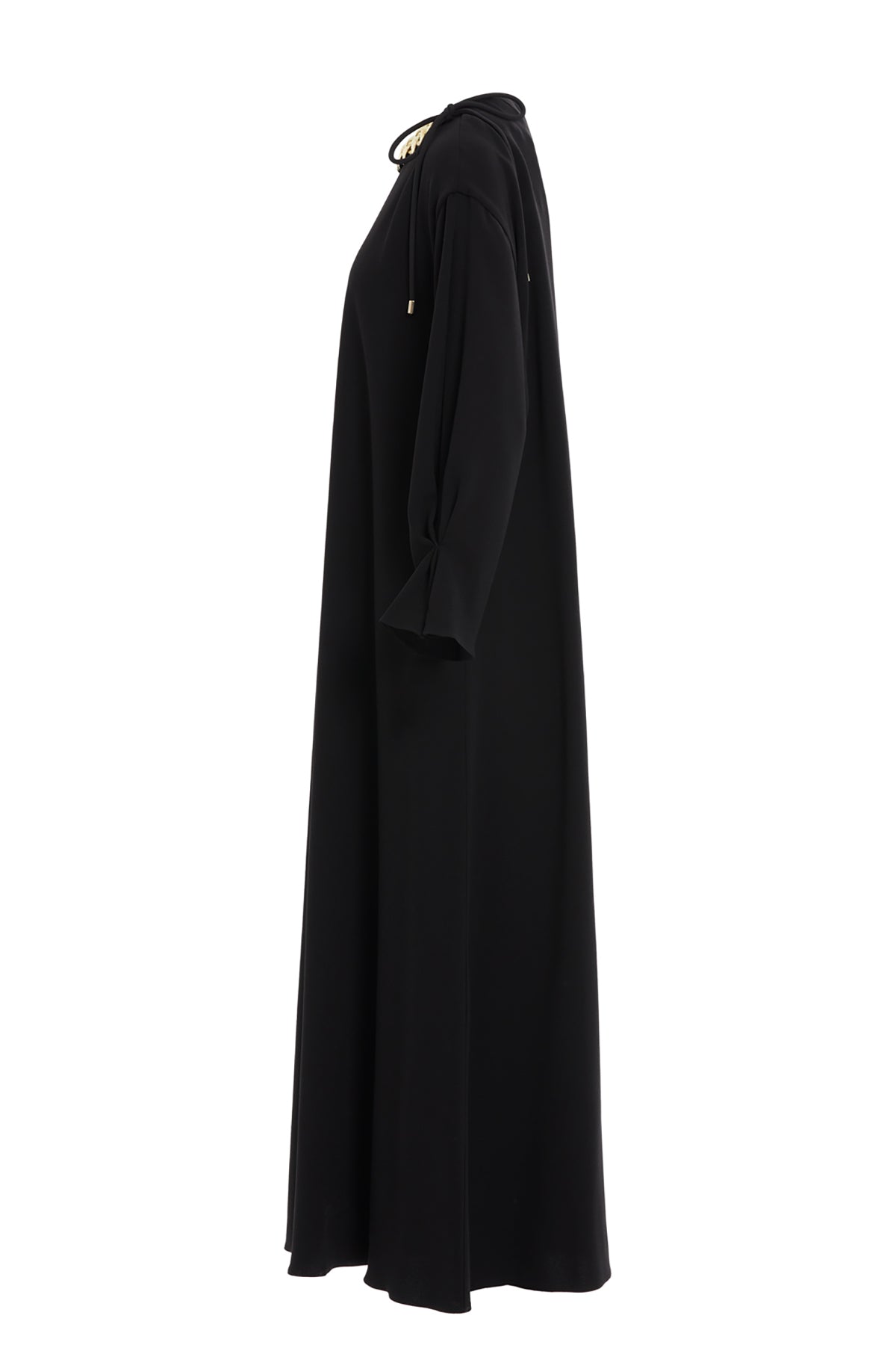 Uzun Kollu Beli İşlemeli Maxi Elbise