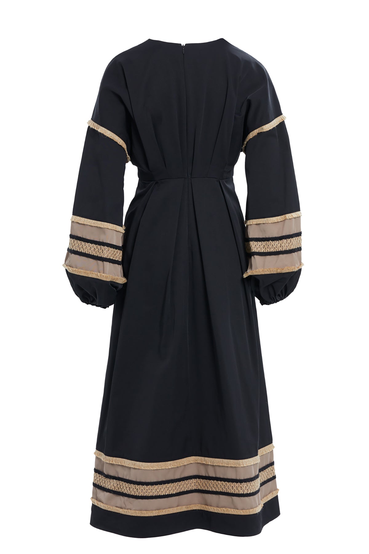 Beli Bağcıklı Kolları Büzgülü Kahve Midi Boy Elbise