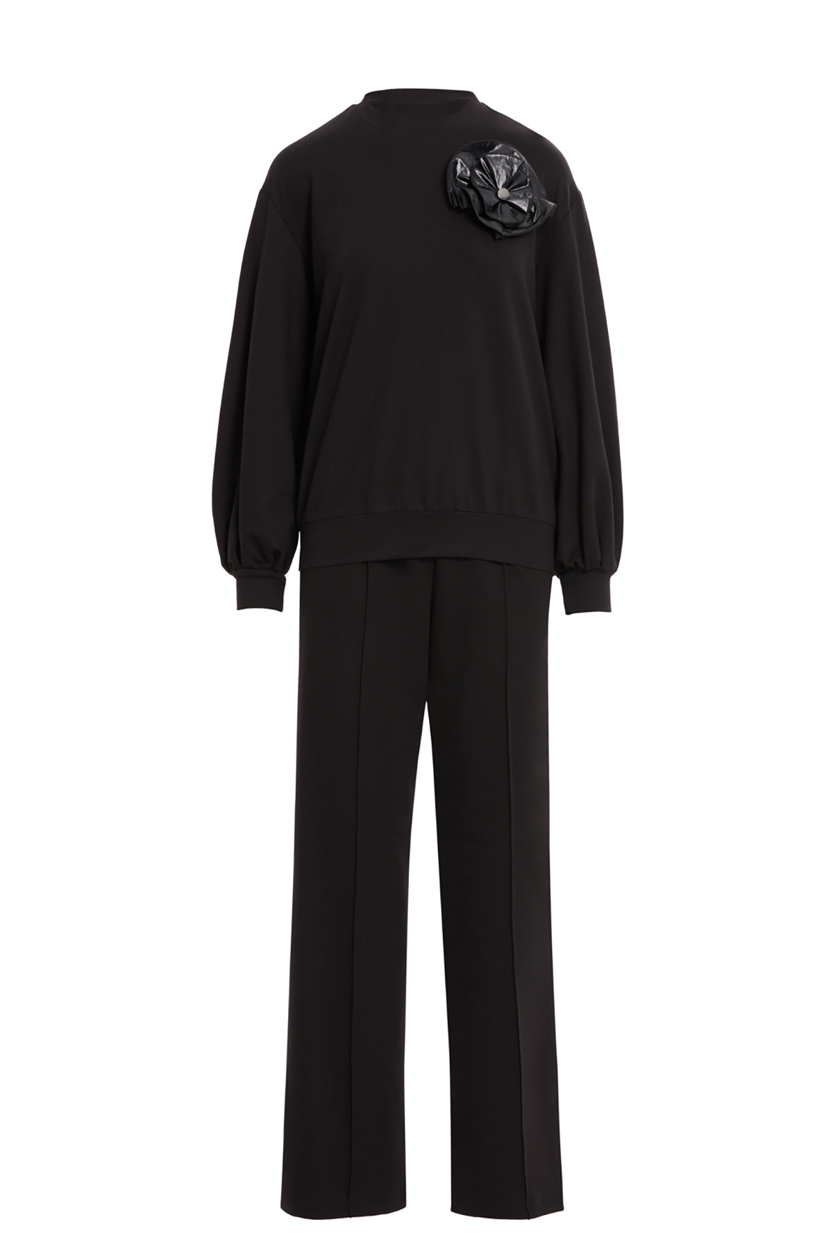 Broş Detaylı Büzgülü Kollu Pantolon T-shirt Takım