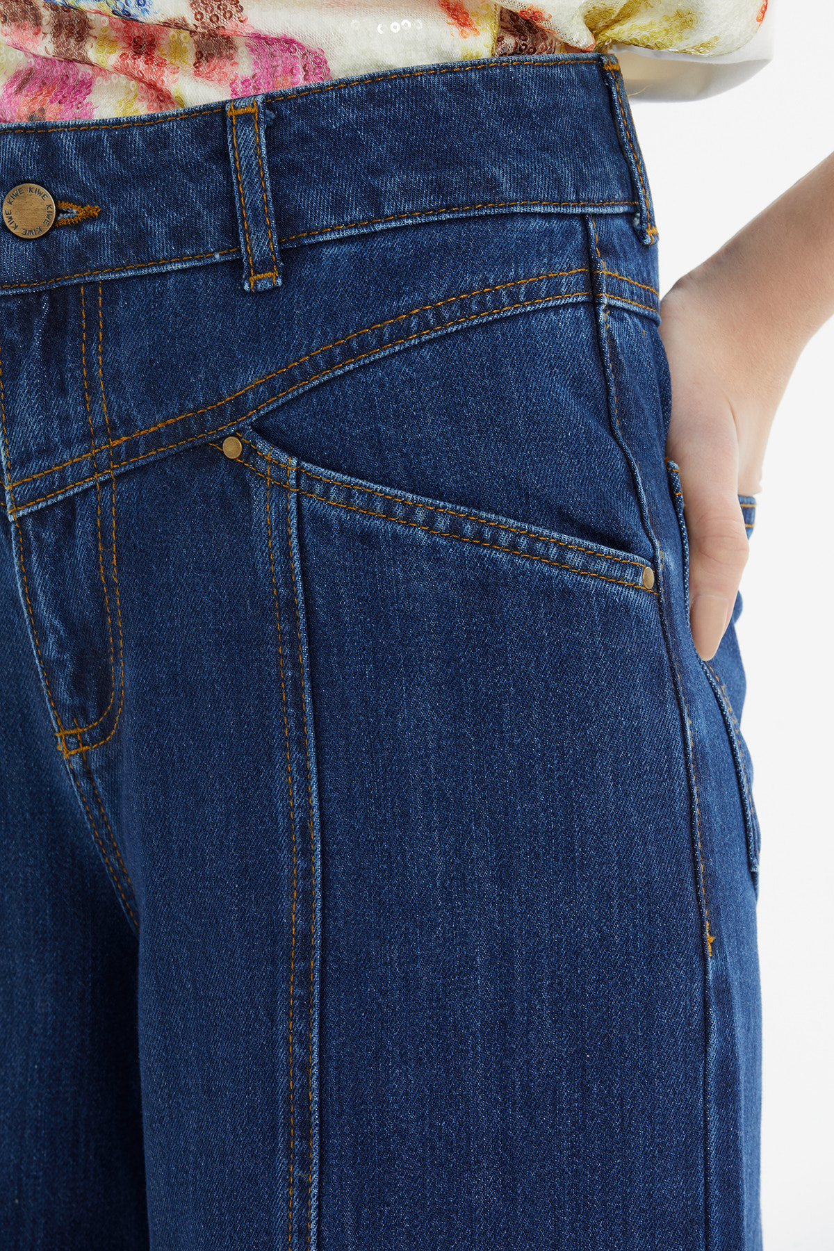 Rivet Detaylı Kontrast Dikişli Geniş Paça Jean Pantolon