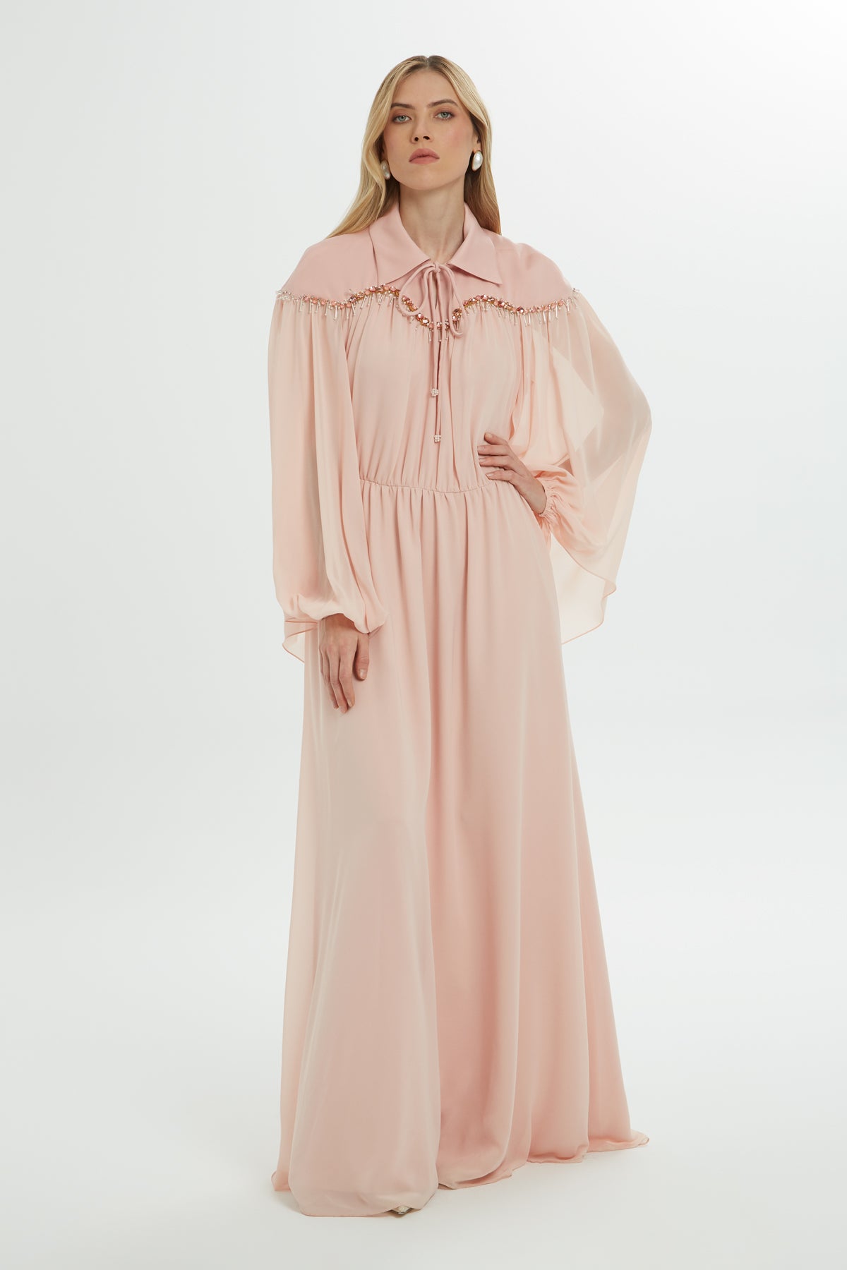 Gömlek Yakalı Robası İşlemeli Uzun Elbise