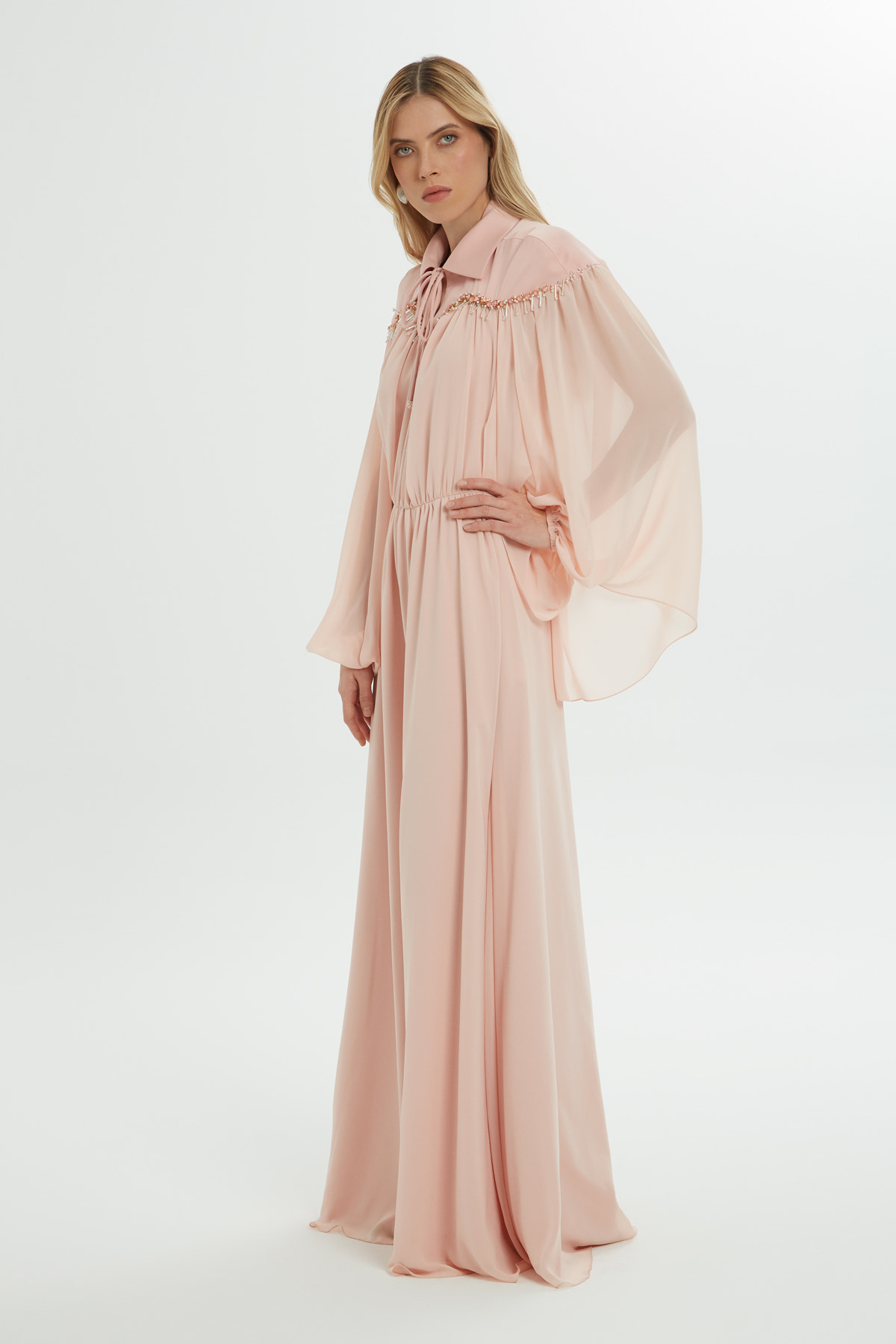 Gömlek Yakalı Robası İşlemeli Uzun Elbise