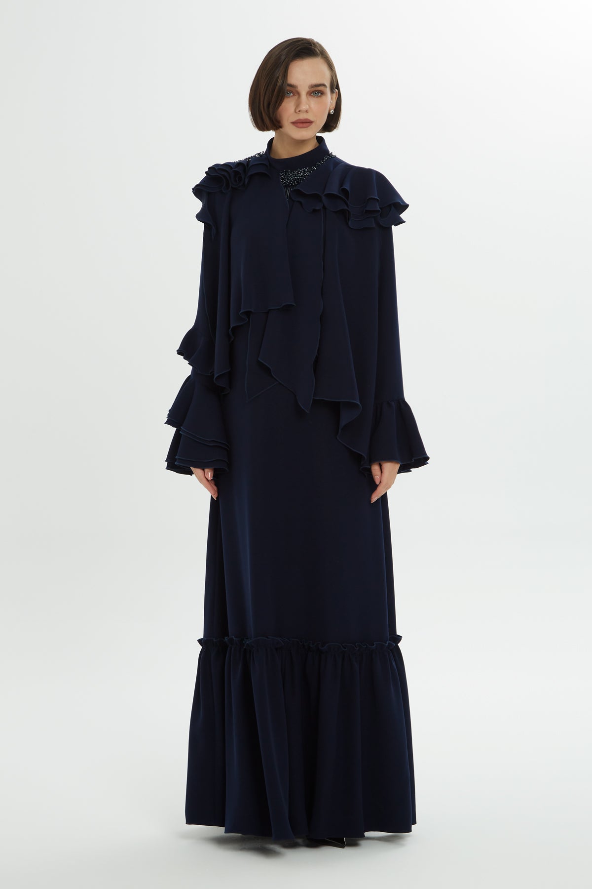 Boncuklu Volan Detaylı Uzun Elbise