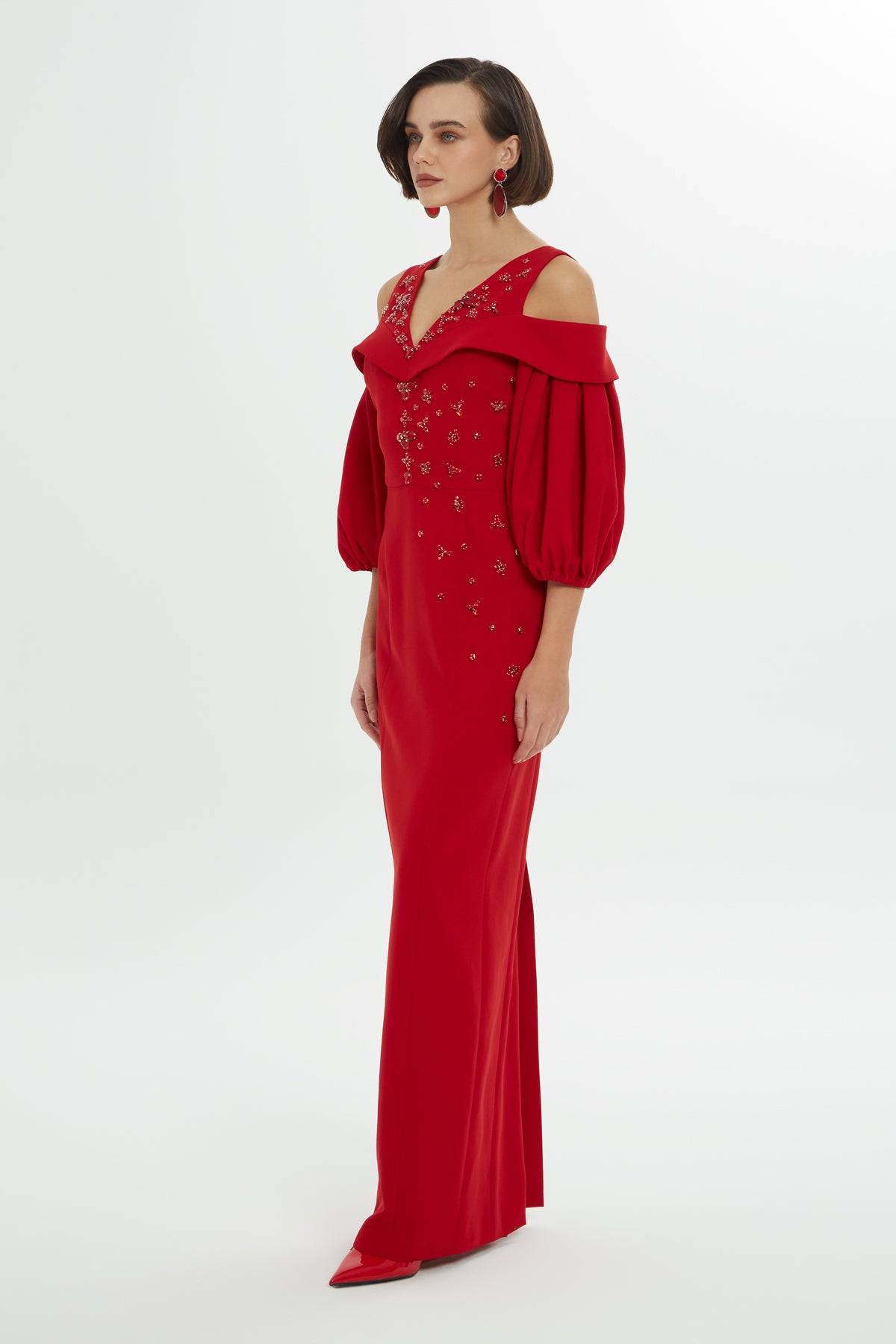 Omuz Dekolteli Balon Kollu Uzun Elbise