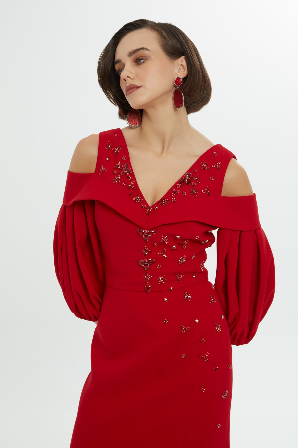 Omuz Dekolteli Balon Kollu Uzun Elbise