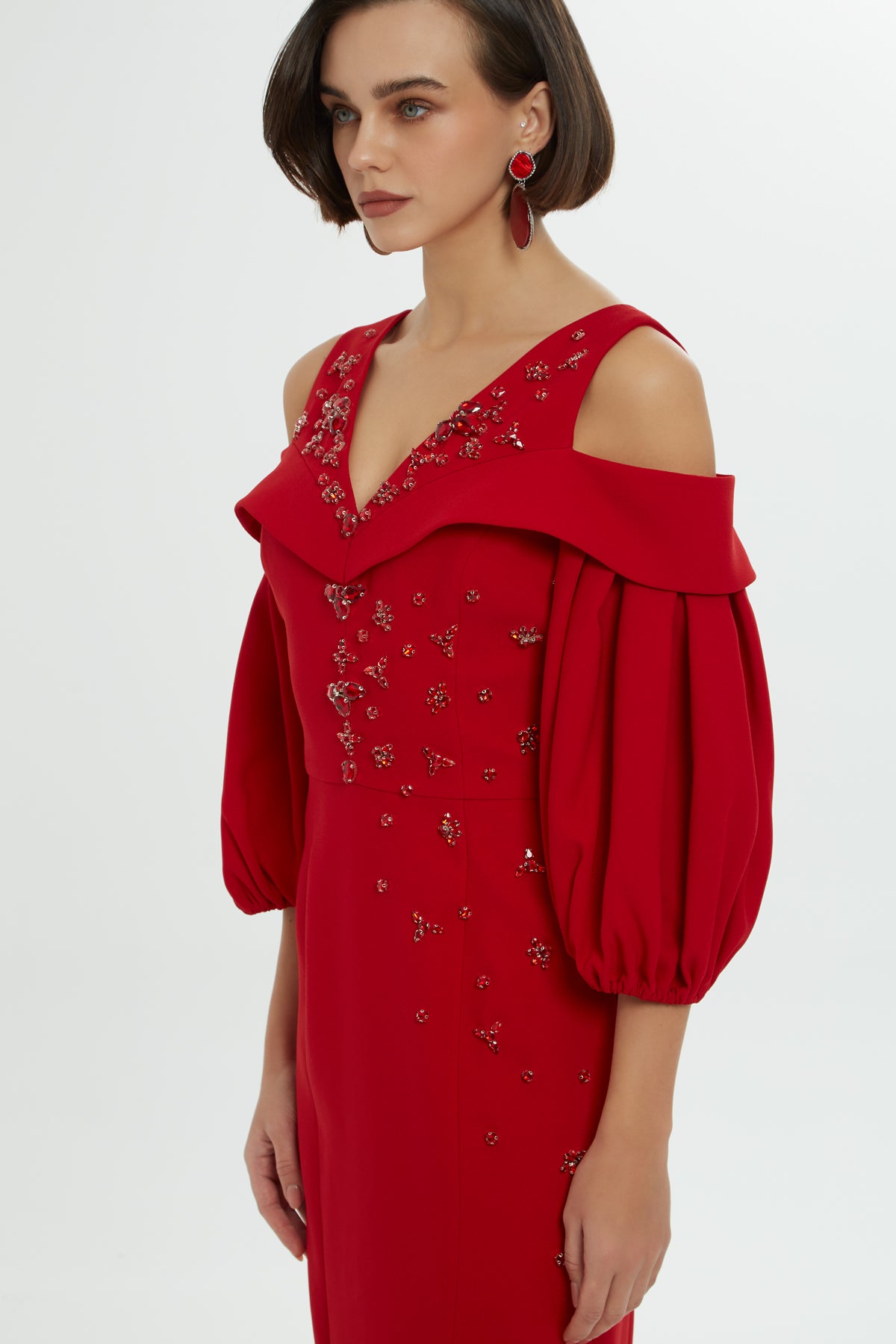 Omuz Dekolteli Balon Kollu Uzun Elbise