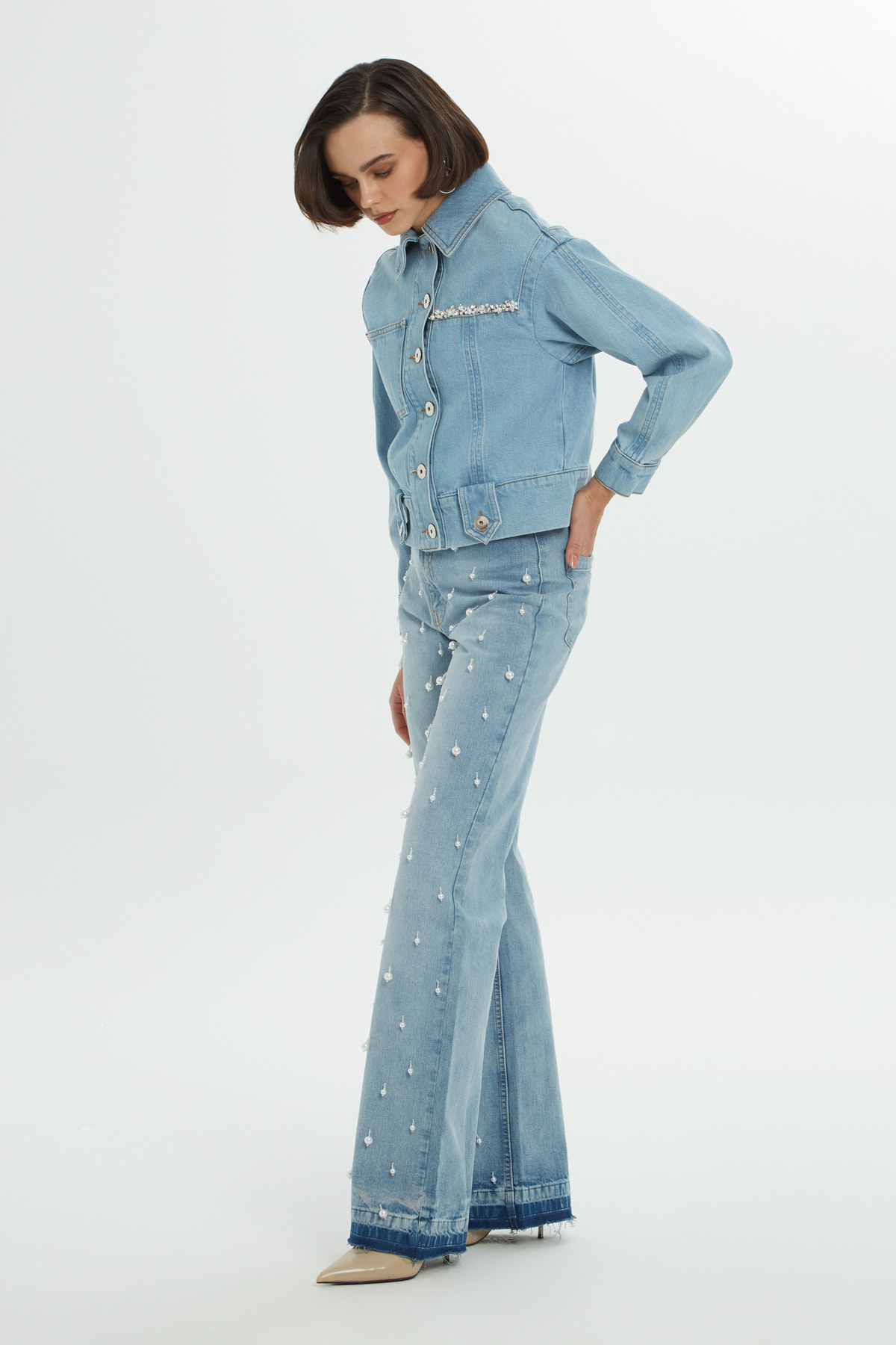 Pencere Detaylı Taşlı Jean Ceket