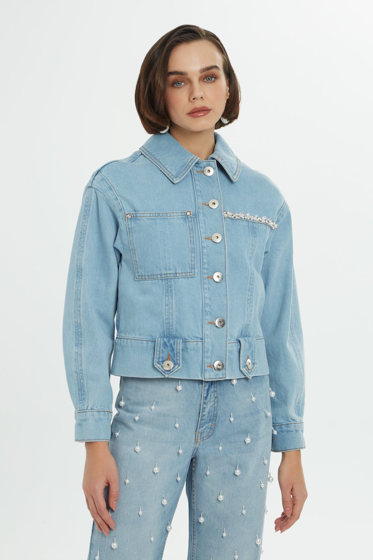 Pencere Detaylı Taşlı Jean Ceket