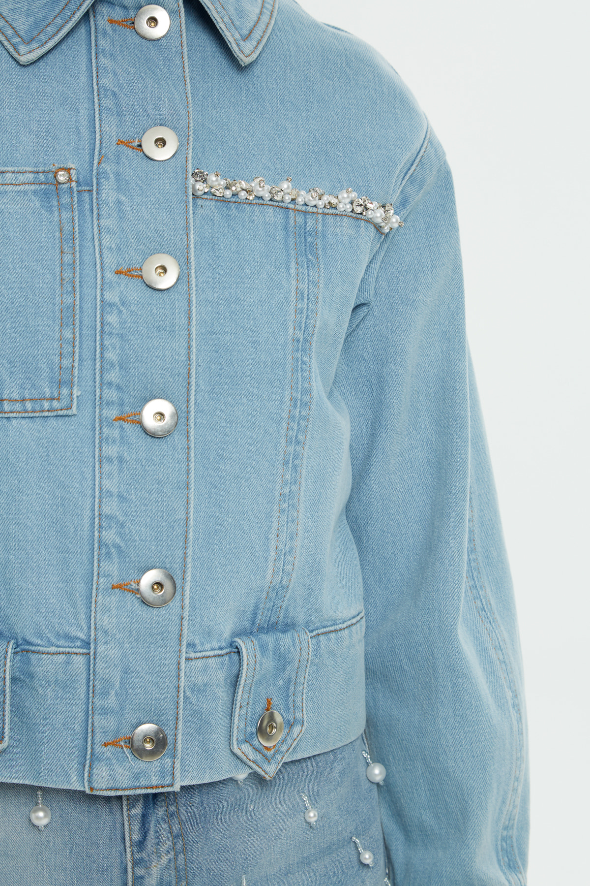 Pencere Detaylı Taşlı Jean Ceket