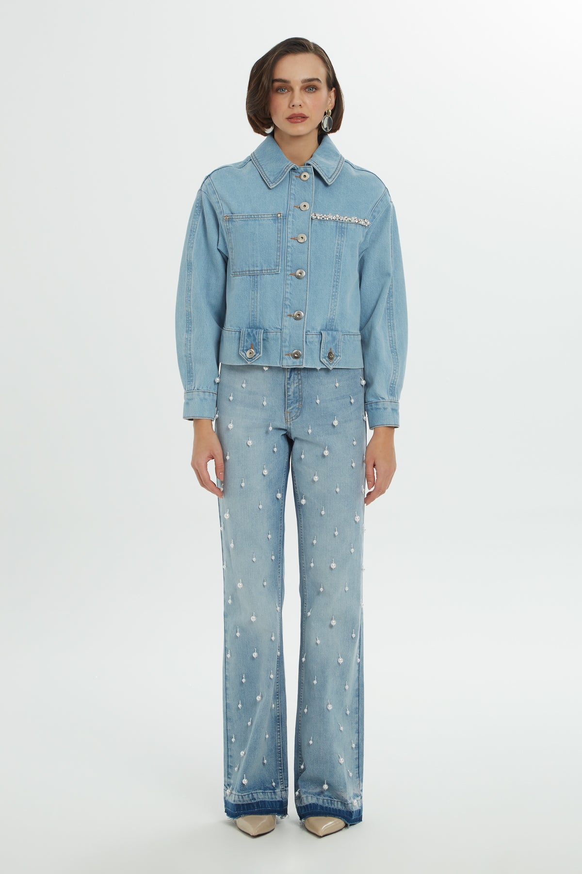 Pencere Detaylı Taşlı Jean Ceket