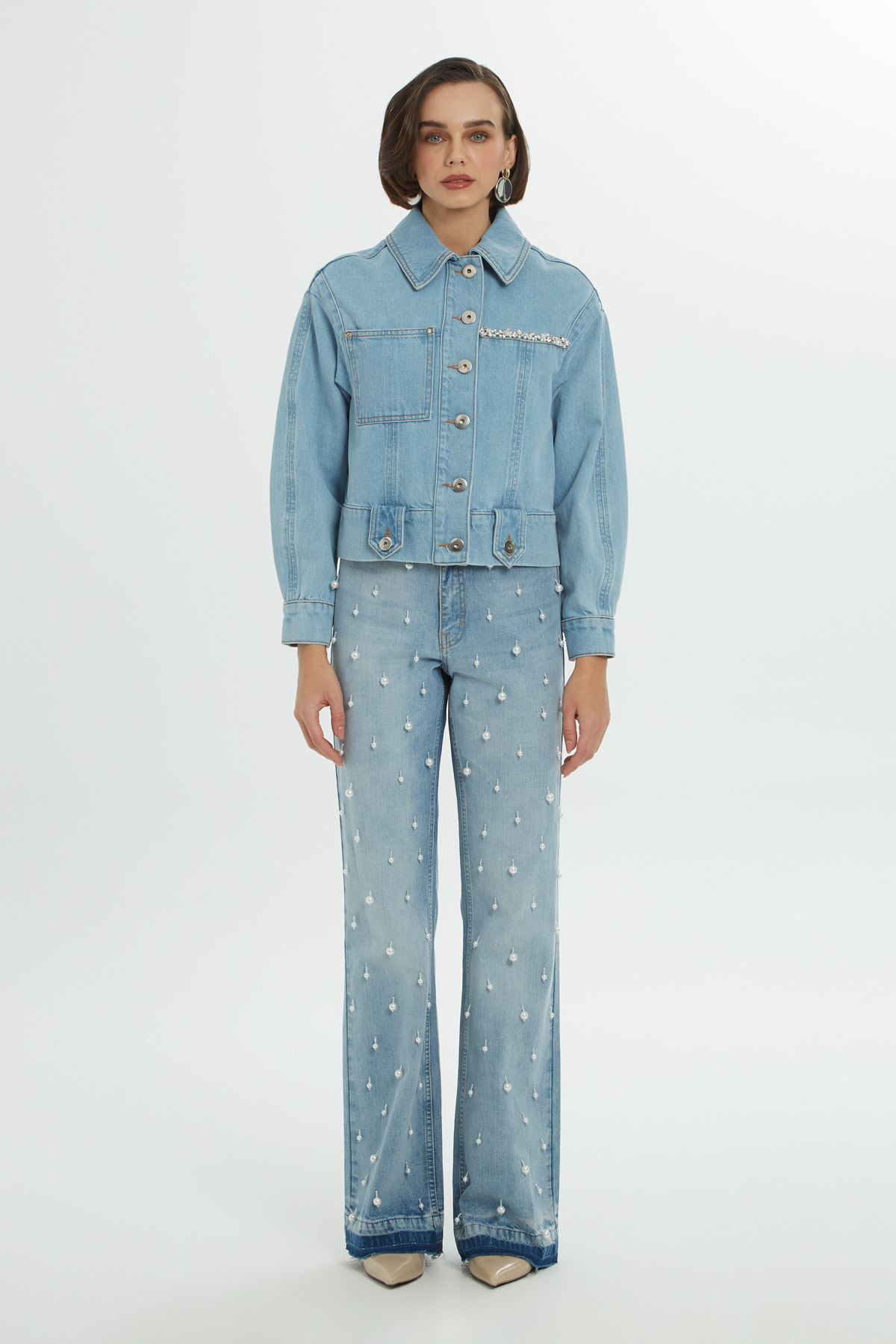 Pencere Detaylı Taşlı Jean Ceket