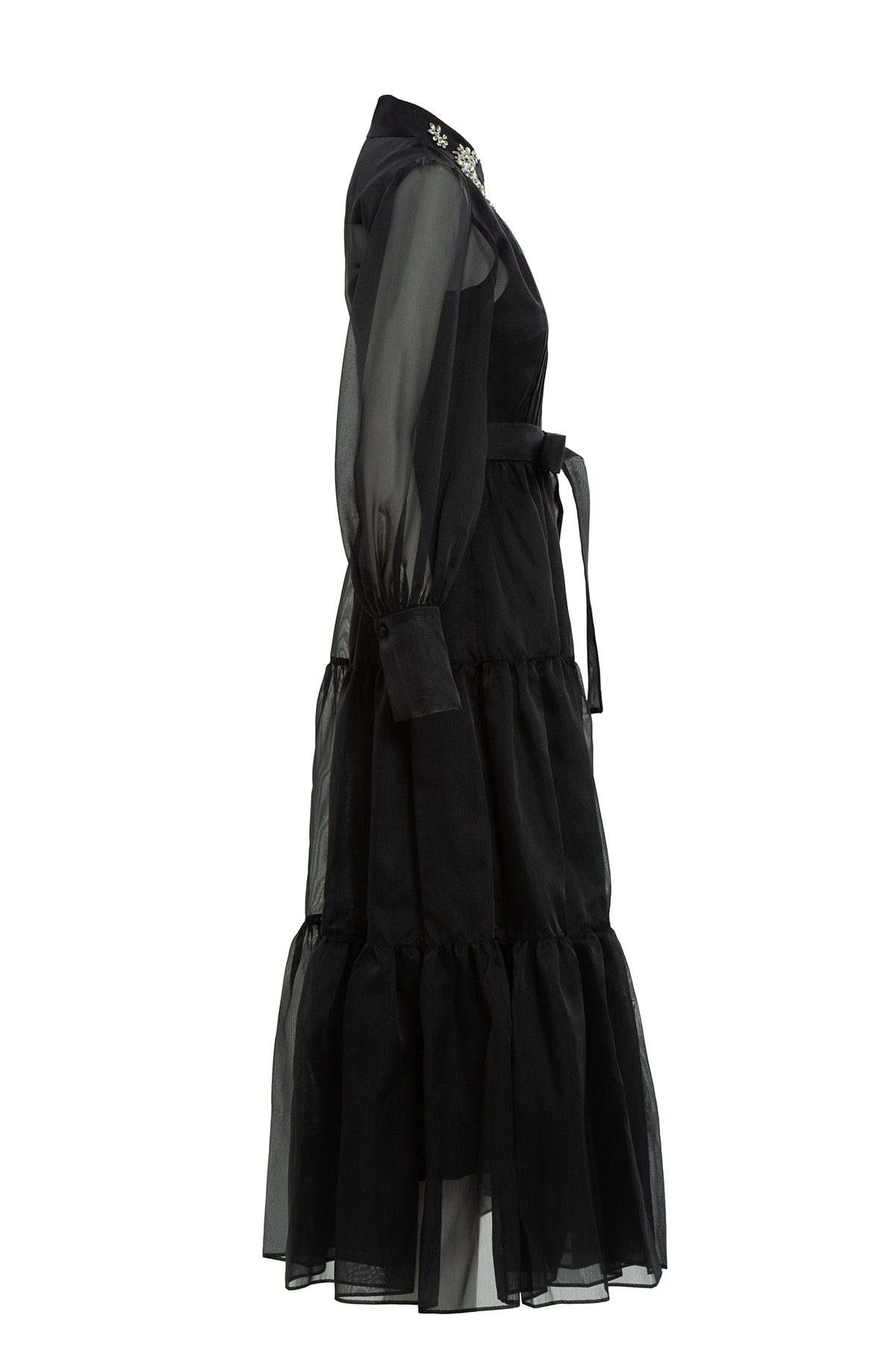 İşlemeli Gömlek Yaka Uzun Elbise