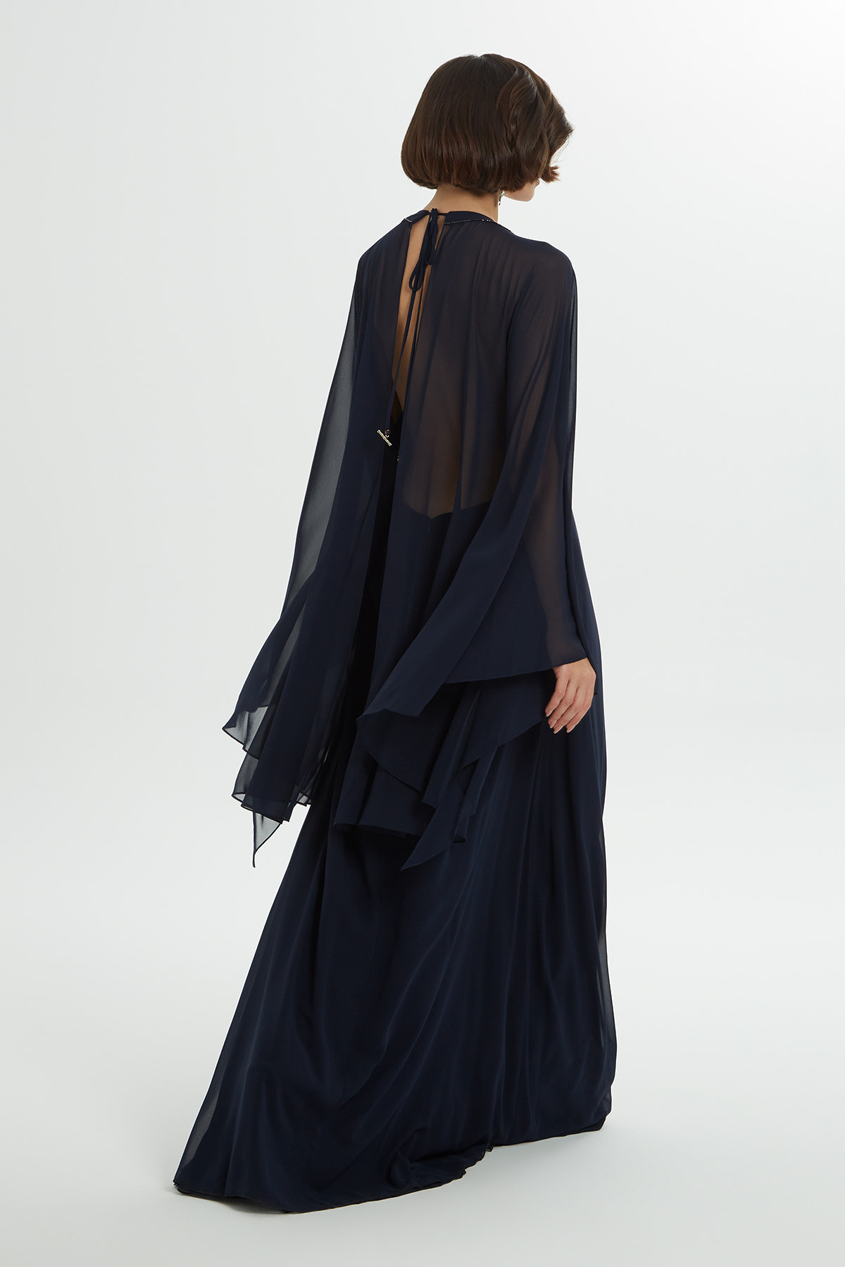 Boncuk İşlemeli Astarlı Uzun Şifon Elbise