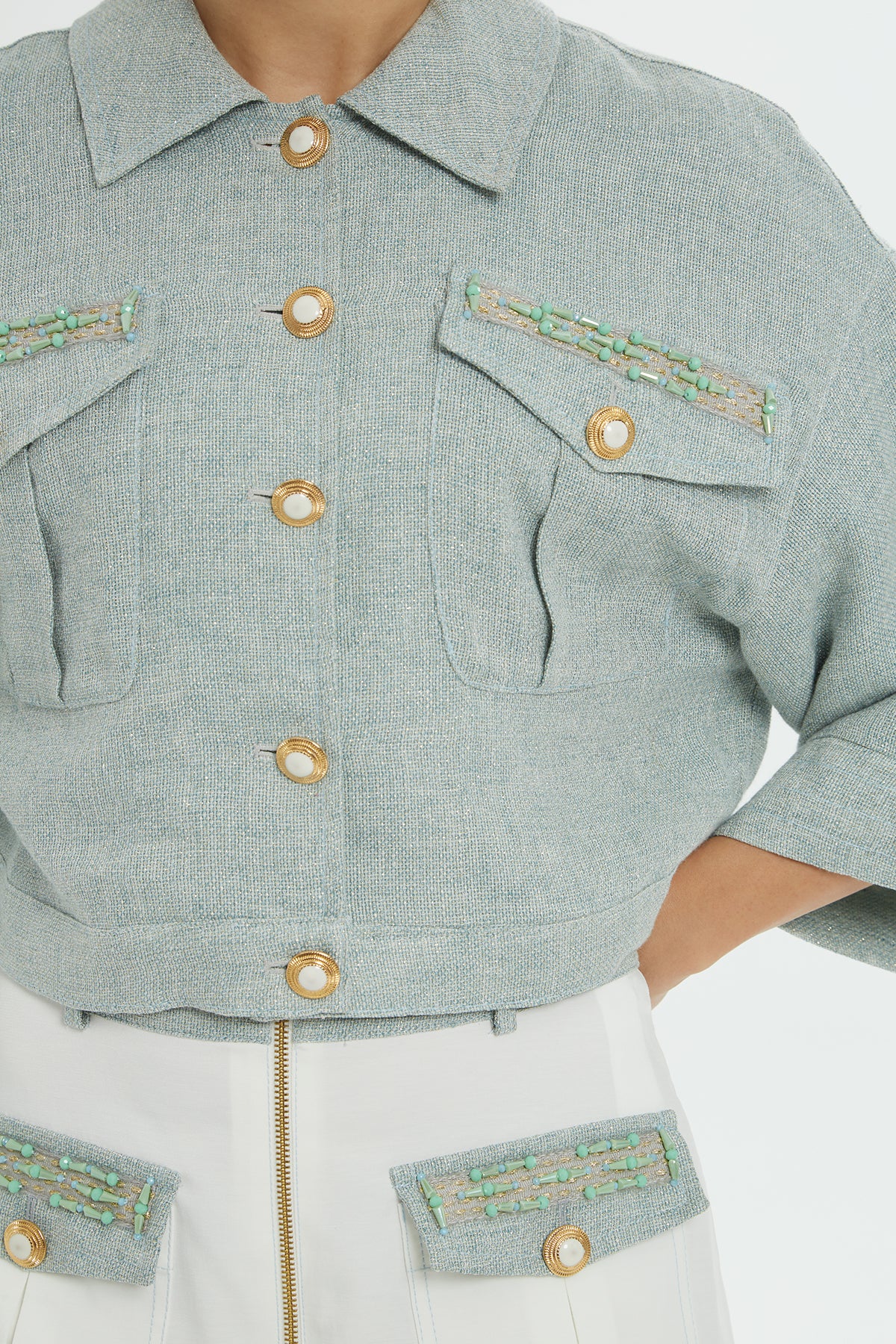 Cep Kapak Üstü İşlemeli Ve Düğme Detaylı Fermuarlı Palazzo Pantolon