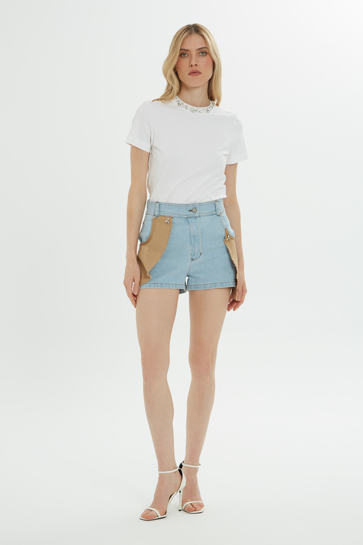 Çift Renkli Mini Jean Şort