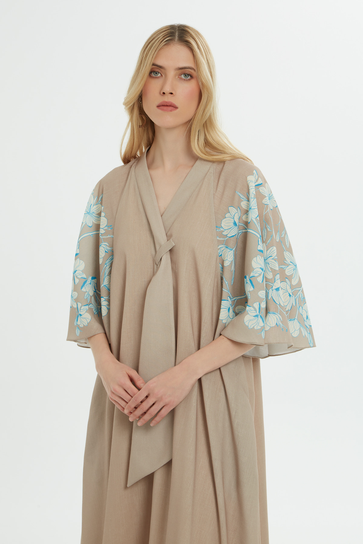 V Yakalı Baskılı Midi Elbise