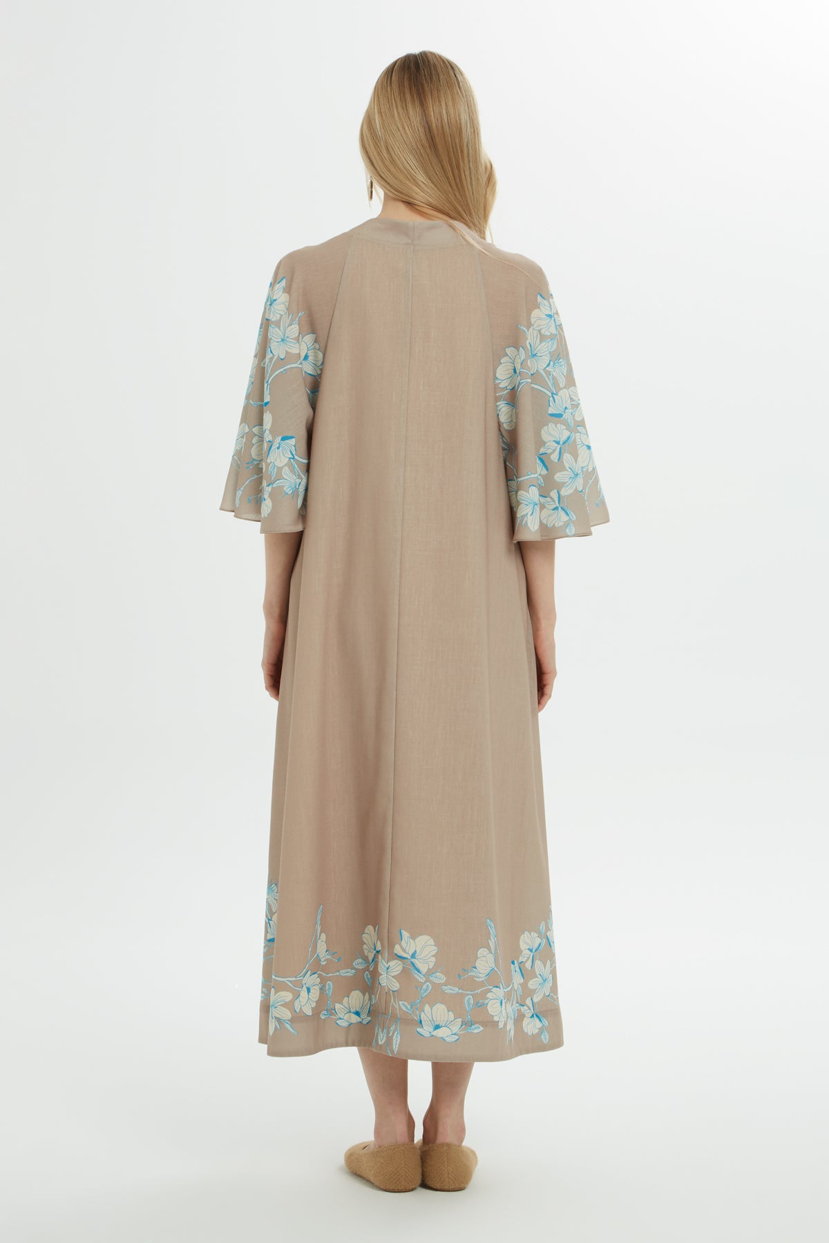 V Yakalı Baskılı Uzun Elbise