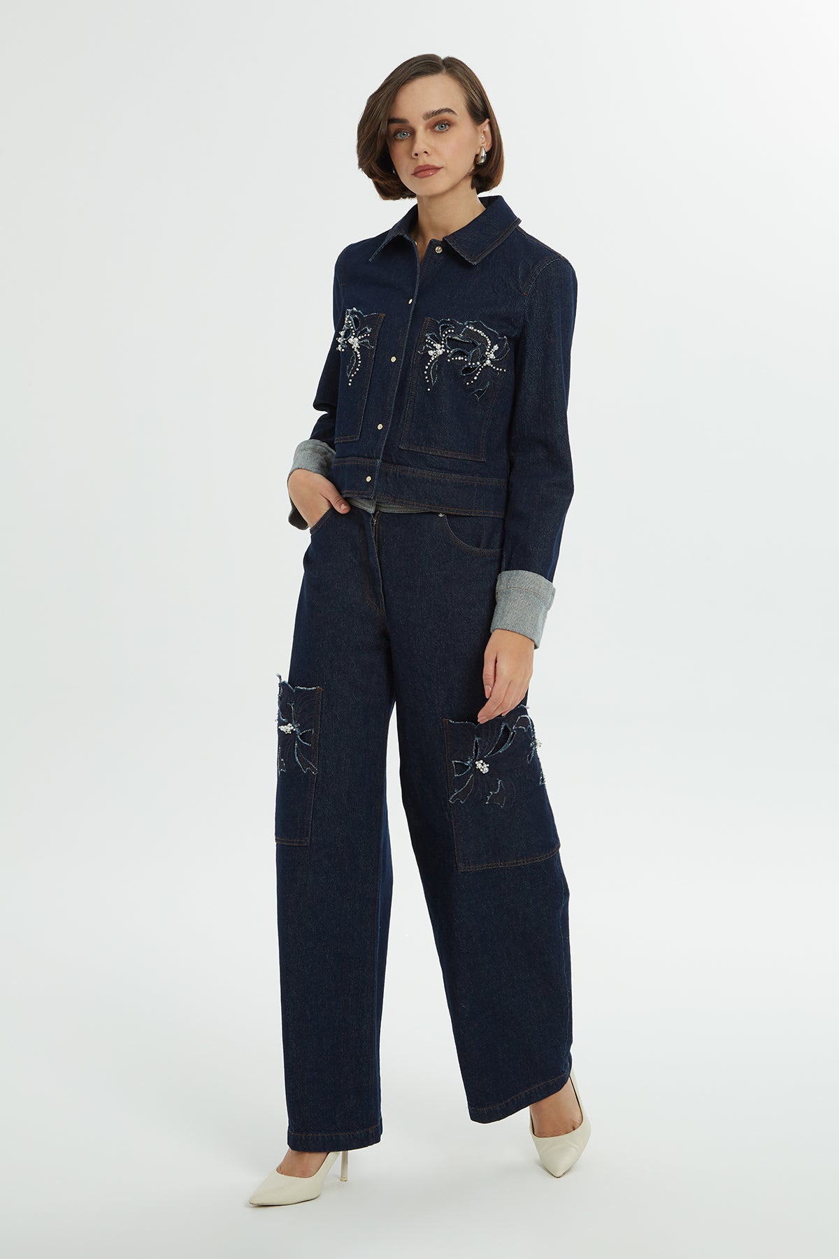 İncili İşlemeli Jean Ceket