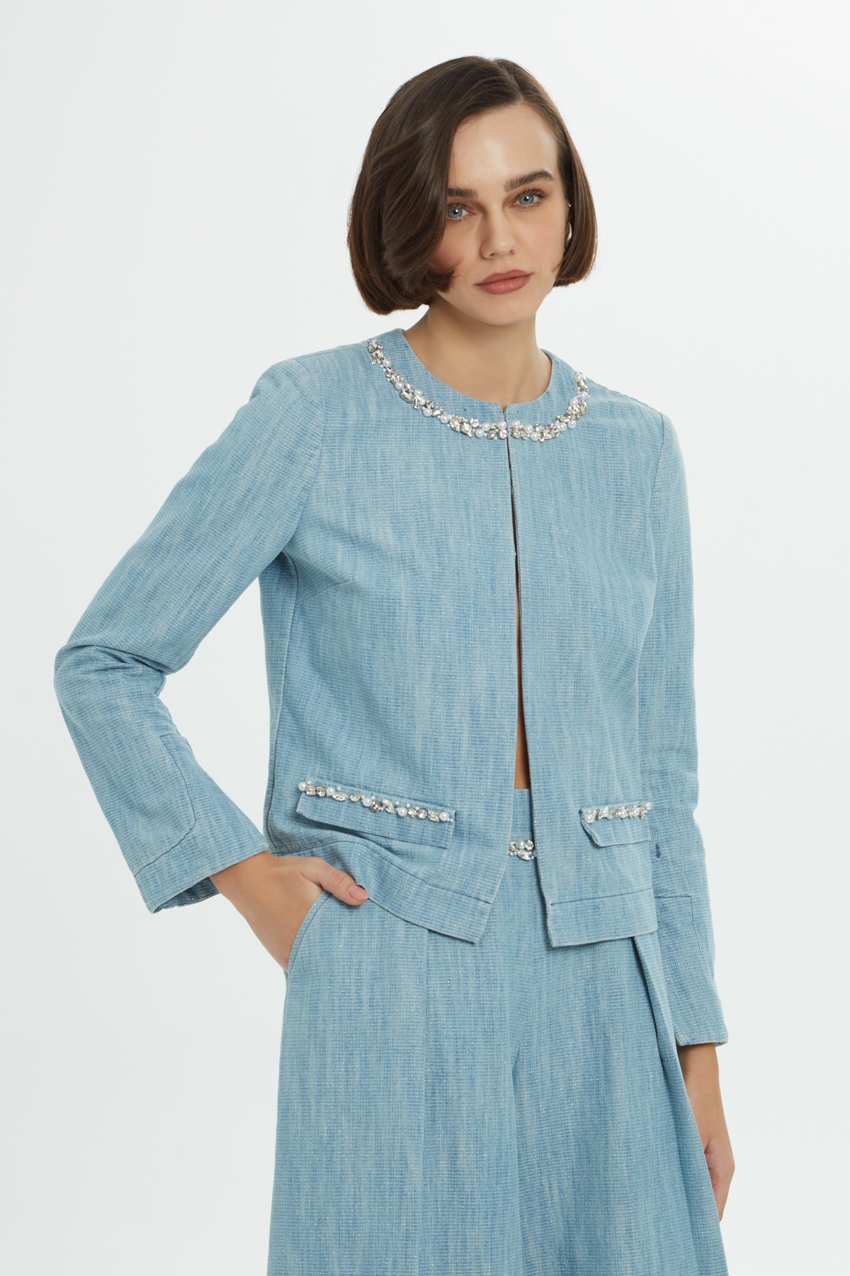 İşlemeli Denim Ceket