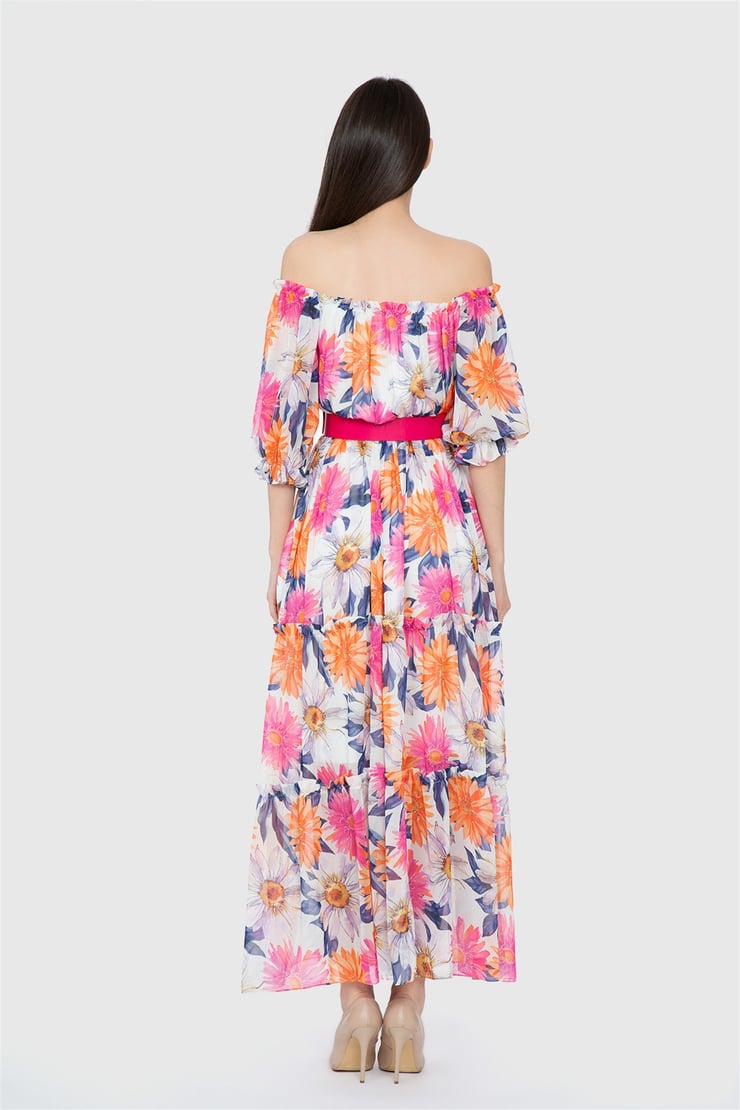Çiçek Desenli Balon Kollu Uzun Elbise
