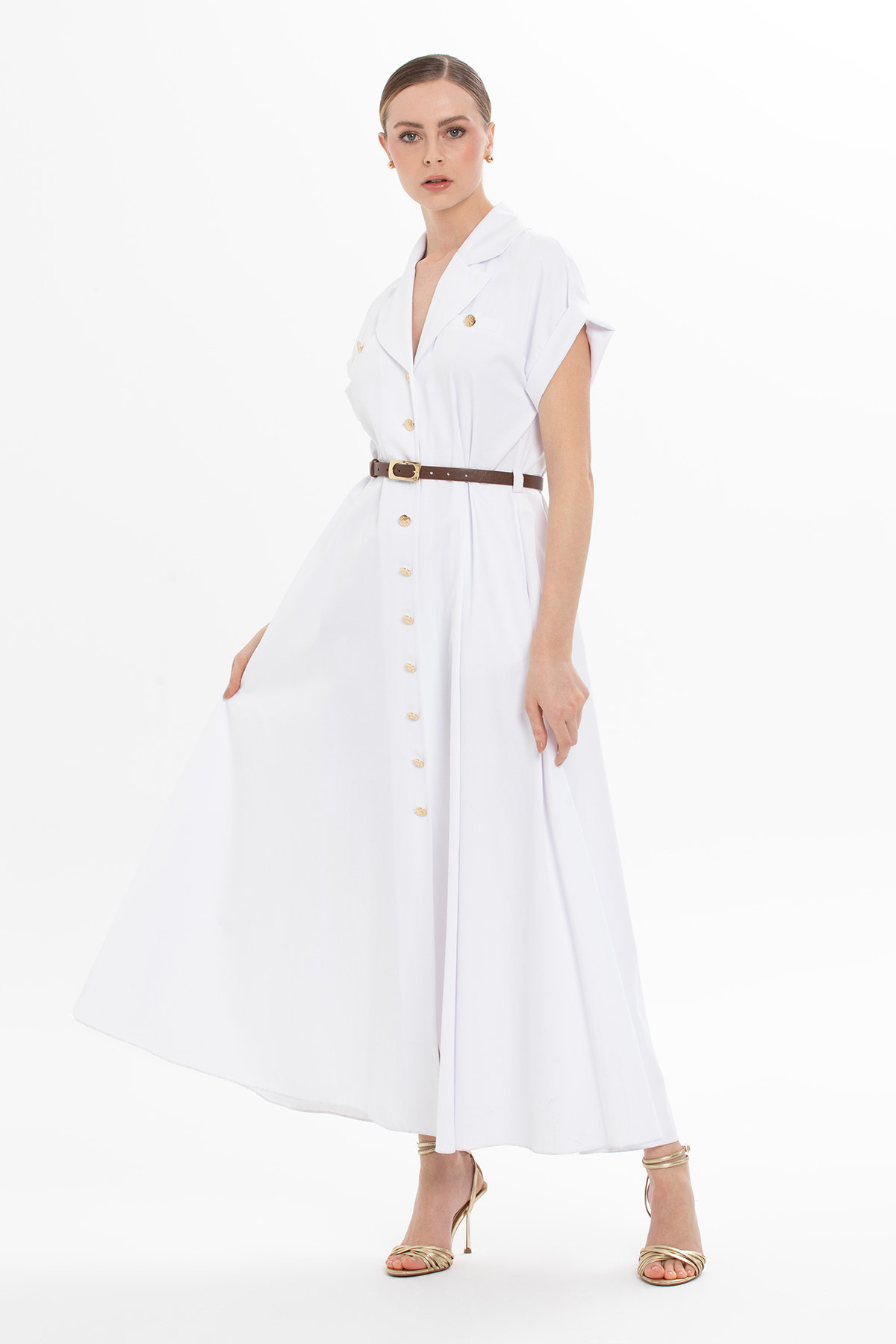 Kemerli Yarım Kollu Maxi Elbise