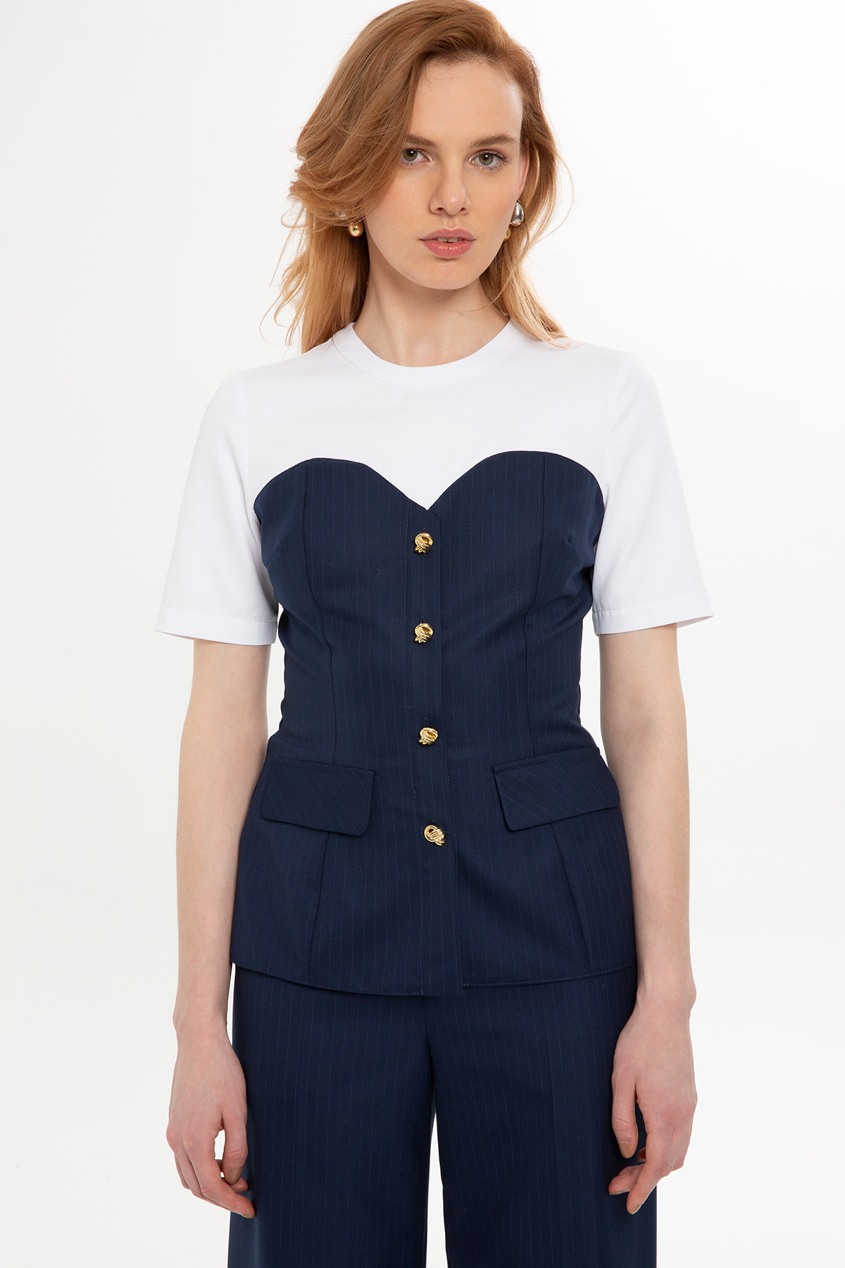 Çizgili Yarım Kol Bluz Ve Pantolon Takım