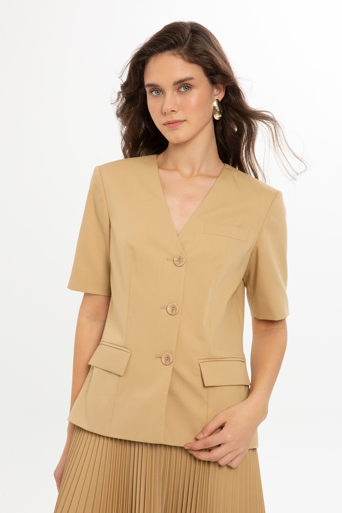 Pliseli Kısa Kollu Uzun Elbise