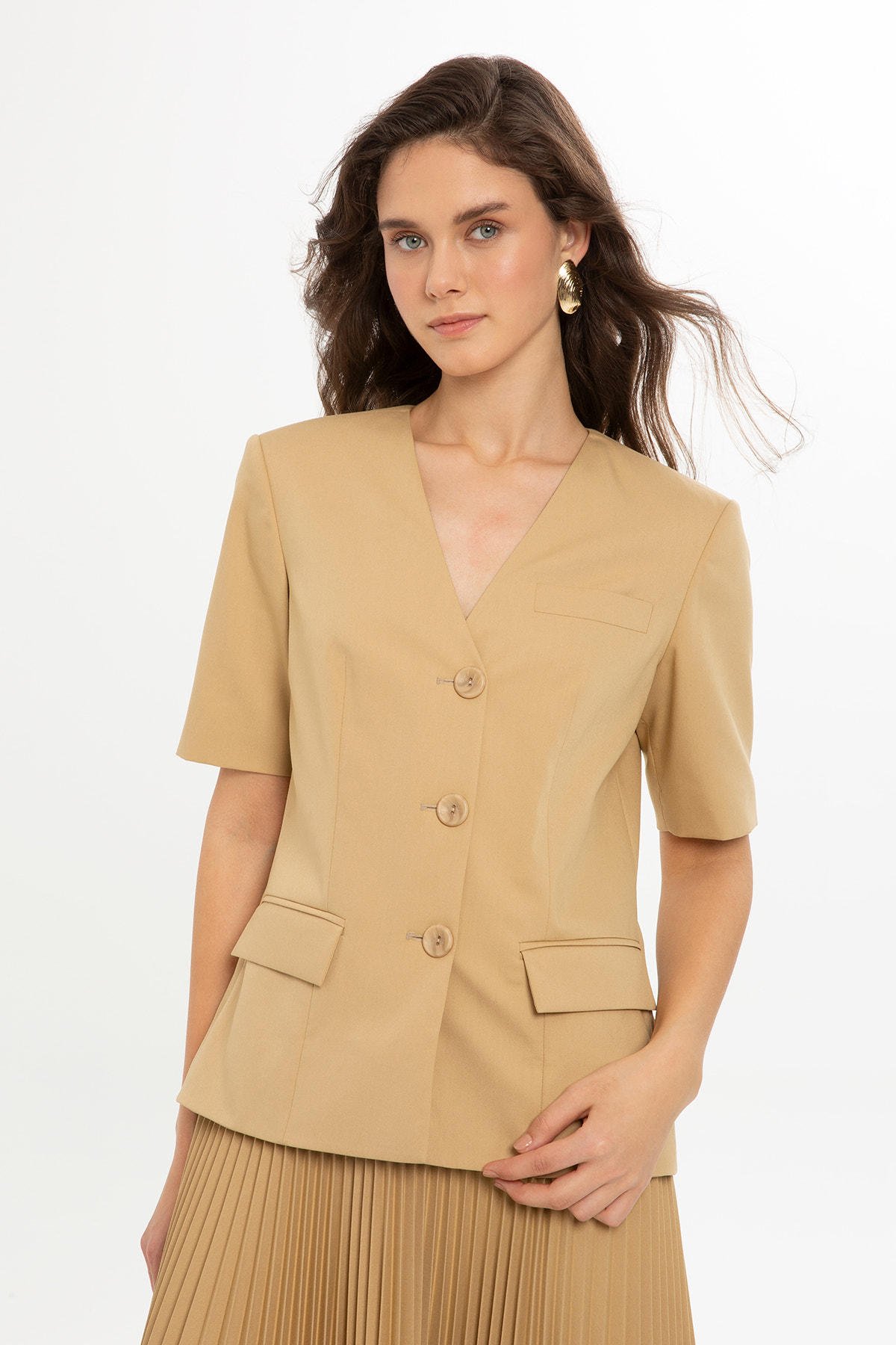 Pliseli Kısa Kollu Midi Elbise