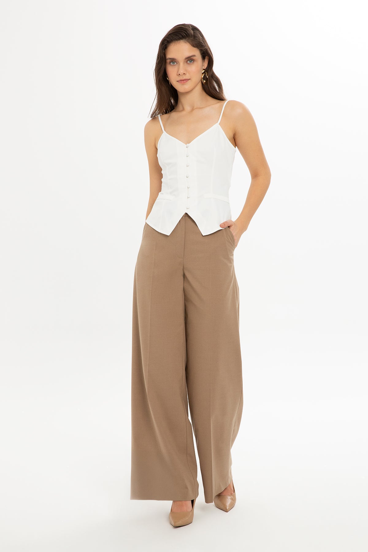 Önden Düğmeli İp Askılı Bluz