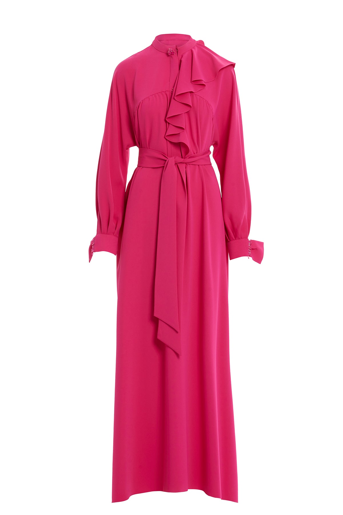 İşleme Detaylı Volanlı Uzun Elbise