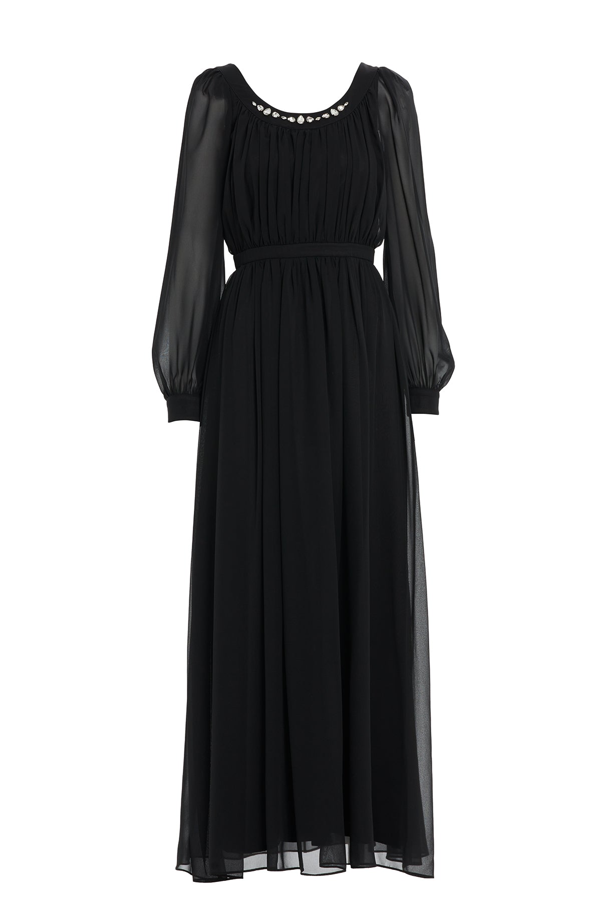 Büzgülü Yakası İşleme Detaylı Eteği Kloş Abiye Uzun Elbise