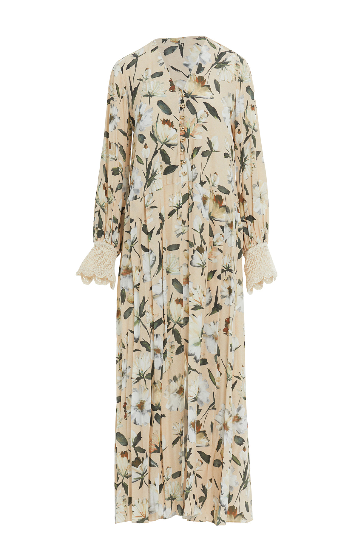 Dantel Detaylı Belden Pileli Uzun Kollu Maxi Elbise