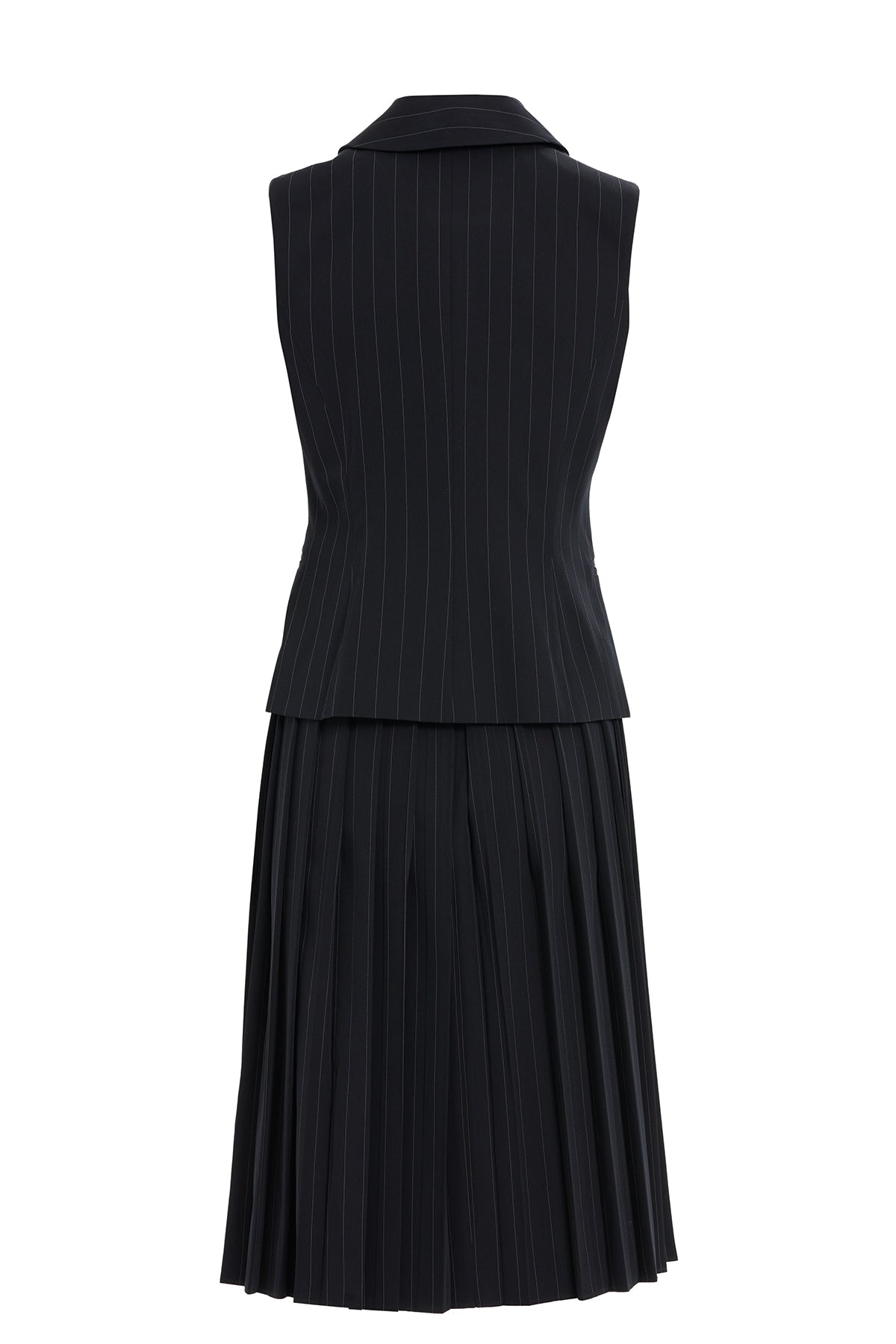 Kruvaze Kapamalı Kısa Kol Yelekli Midi Etek Pilise Detaylı Çizgili Takım