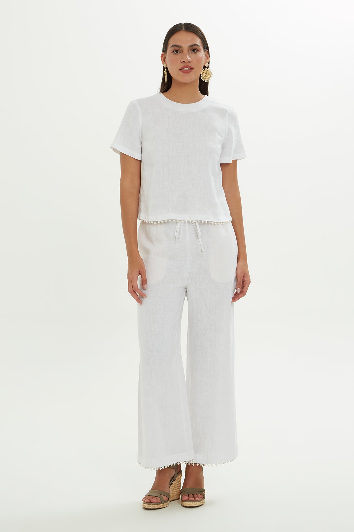 İnci İşlemeli Keten Bluz