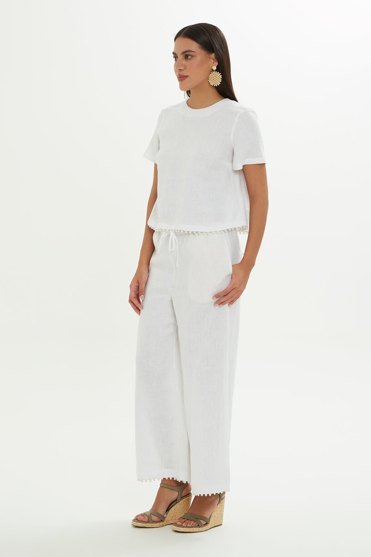 İnci İşlemeli Keten Bluz