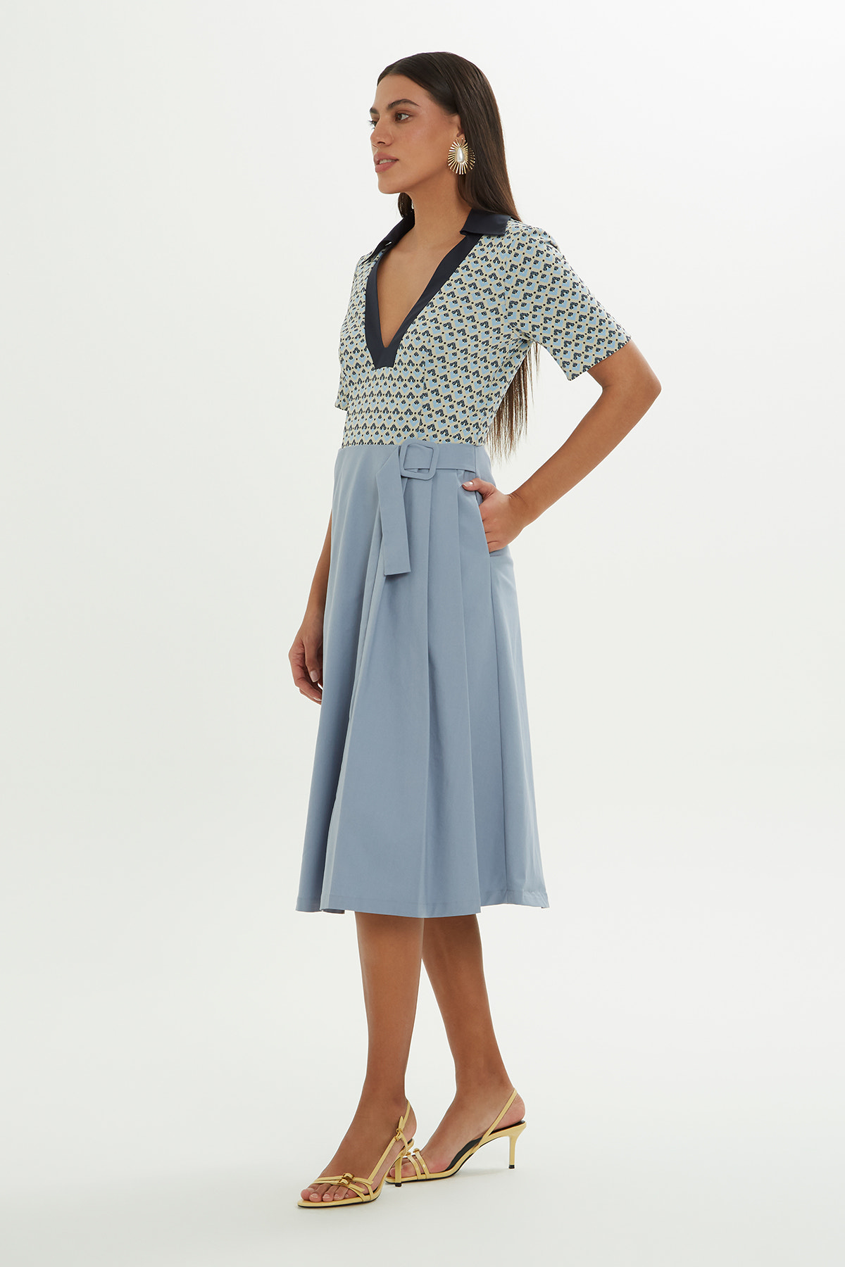 Üst Bedeni Desenli Midi Elbise