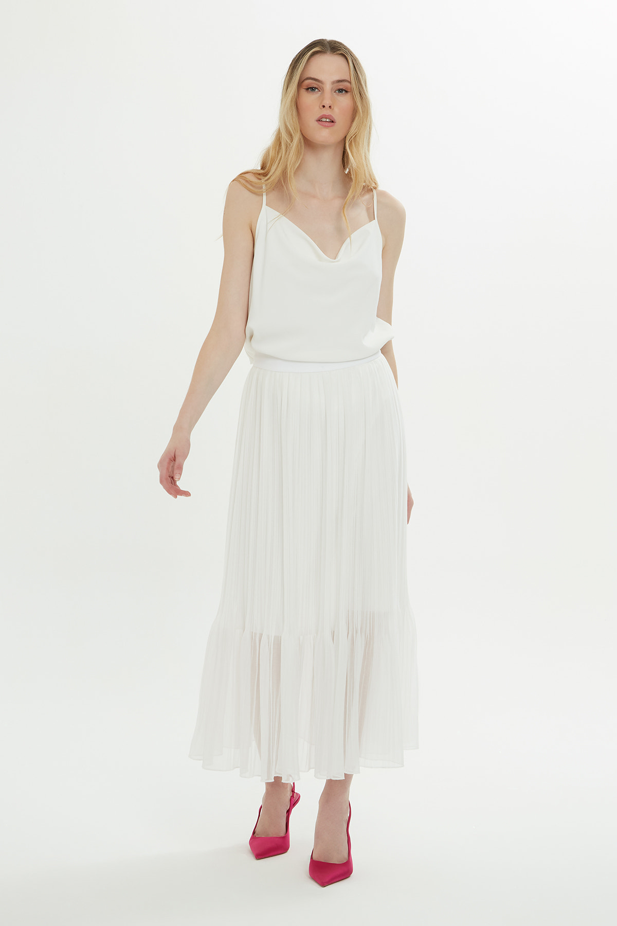 Pliseli Midi Boy Astarlı Etek