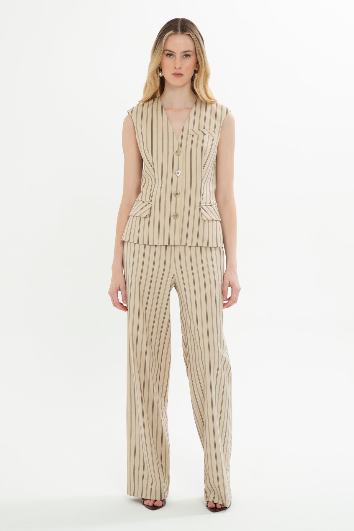 Yelekli Ve Palazzo Pantolonlu Çizgili Takım