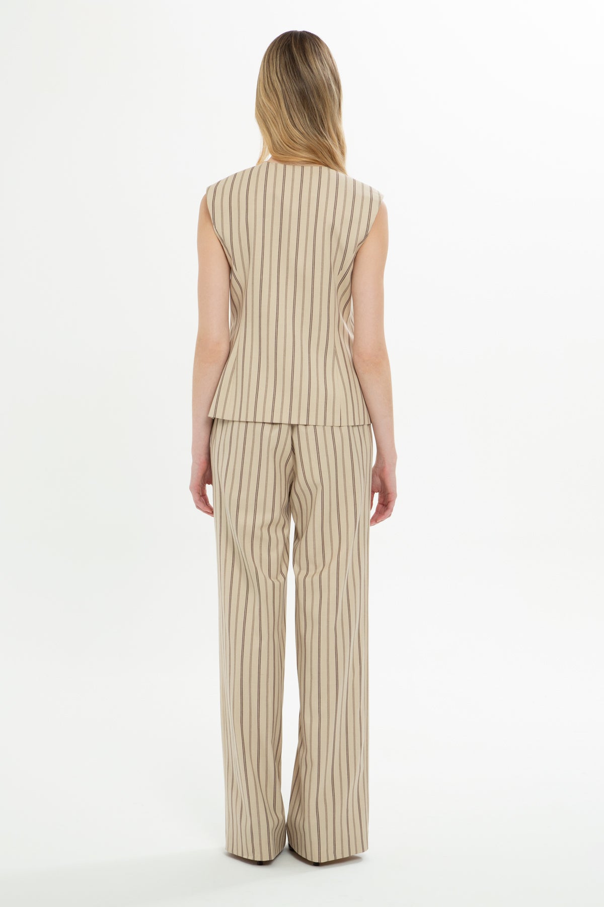Yelekli Ve Palazzo Pantolonlu Çizgili Takım