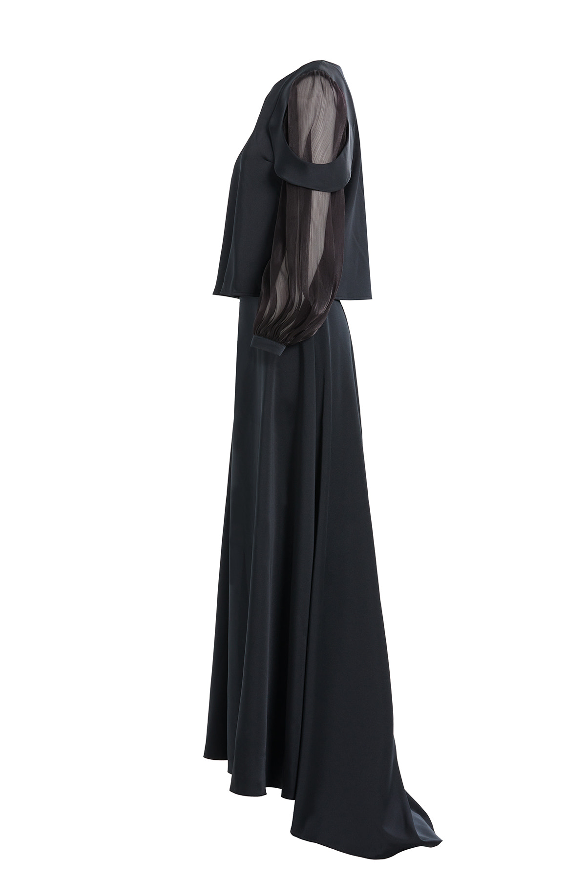 Uzun Kol Omuz Aller Parçalı Eteği Kloş Asimetrik Kemerli Abiye Takım