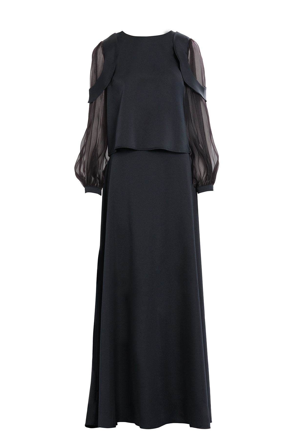 Uzun Kol Omuz Aller Parçalı Eteği Kloş Asimetrik Kemerli Abiye Takım