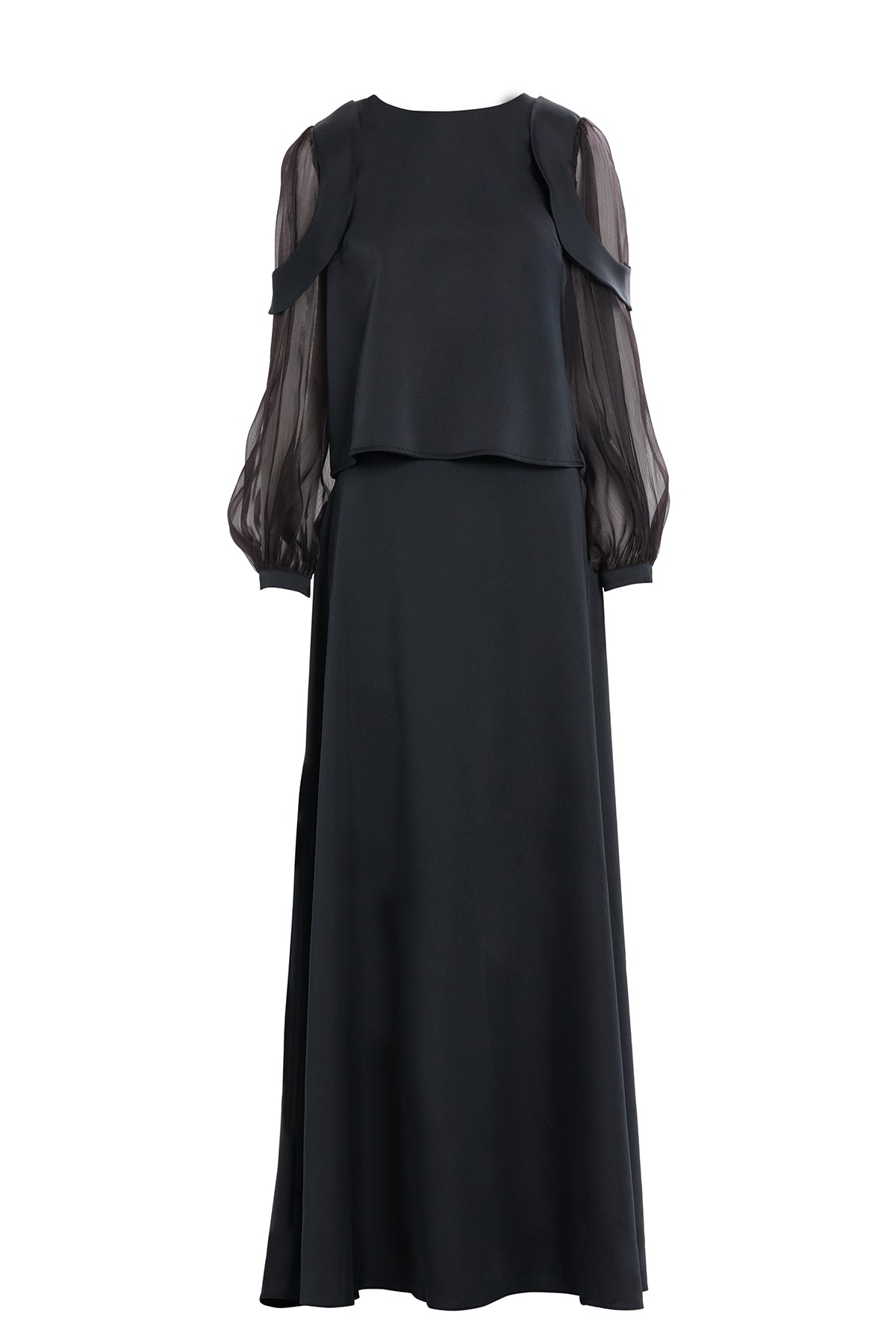 Uzun Kol Omuz Aller Parçalı Eteği Kloş Asimetrik Kemerli Abiye Takım