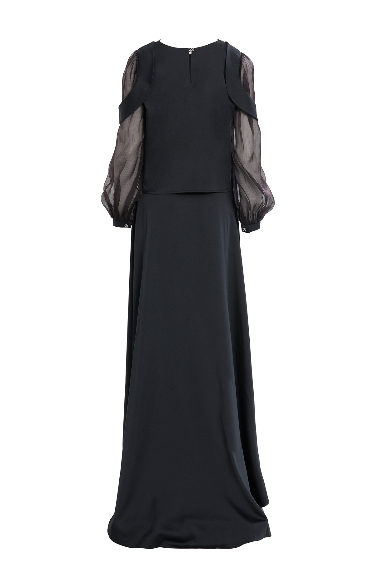 Uzun Kol Omuz Aller Parçalı Eteği Kloş Asimetrik Kemerli Abiye Takım