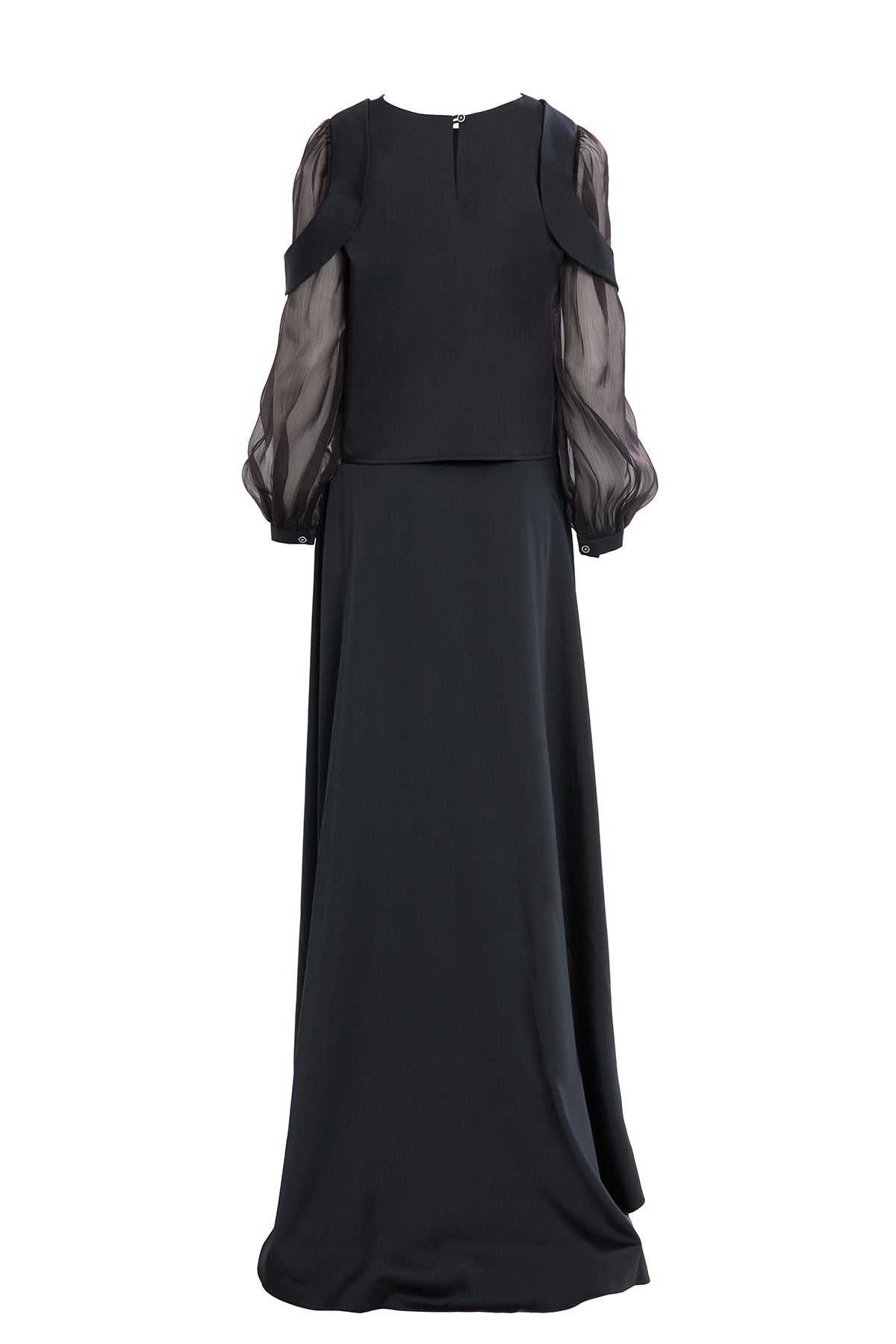 Uzun Kol Omuz Aller Parçalı Eteği Kloş Asimetrik Kemerli Abiye Takım