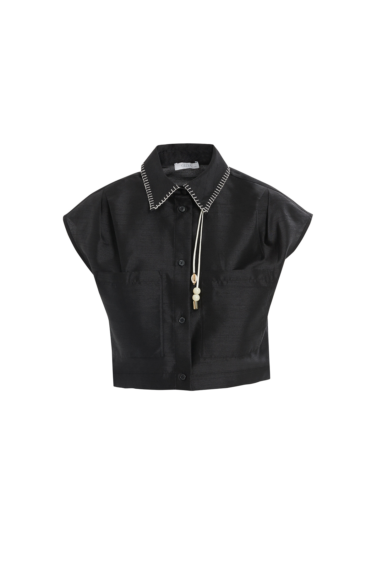 Aksesuar Detaylı Cepli Crop Gömlek